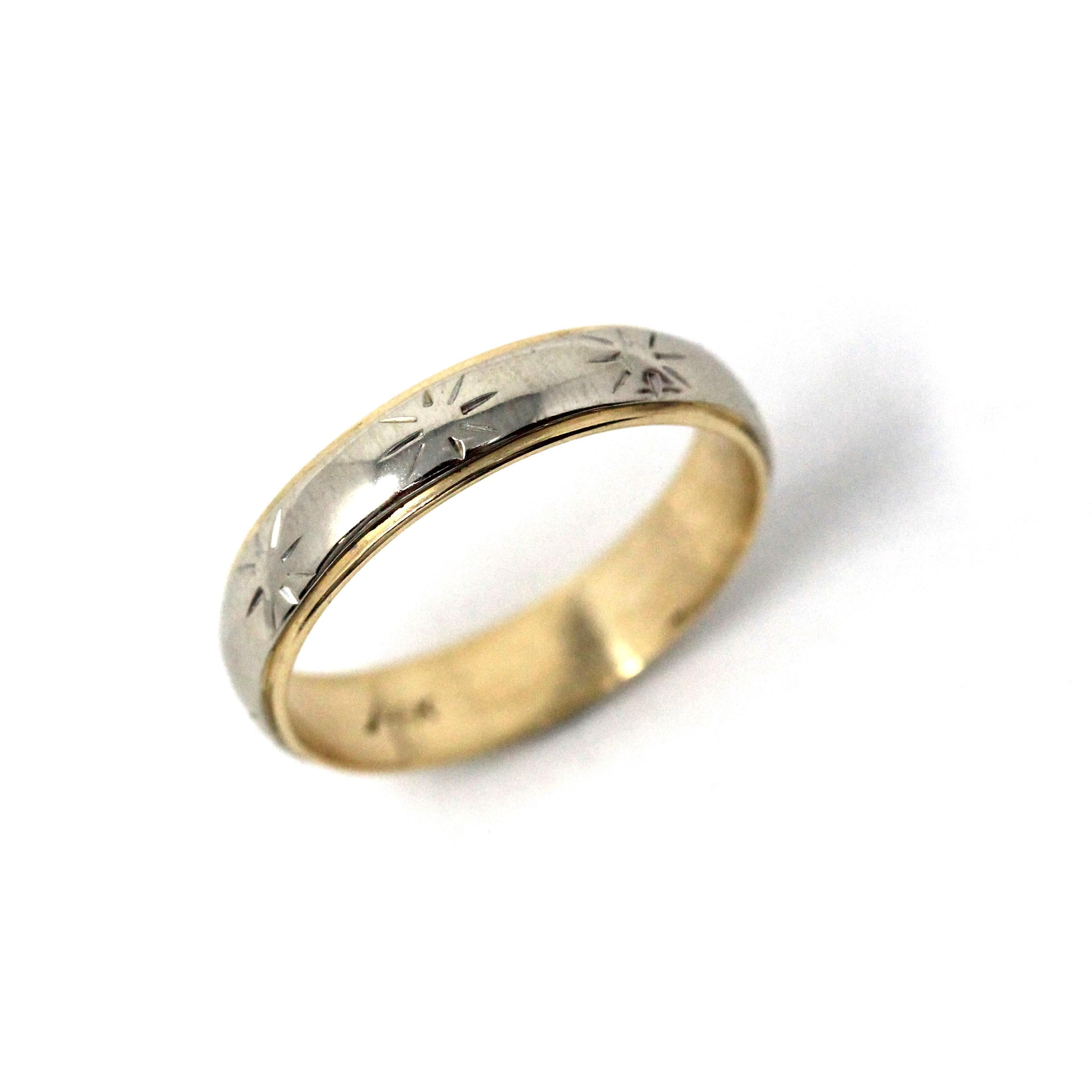 Vintage Star Band - Mid Century 14k Yellow & White Gold Men's Unisex Celestial Ring - Circa 1960s Size 8 1/2 Two Tone Stacking Fine Jewelry