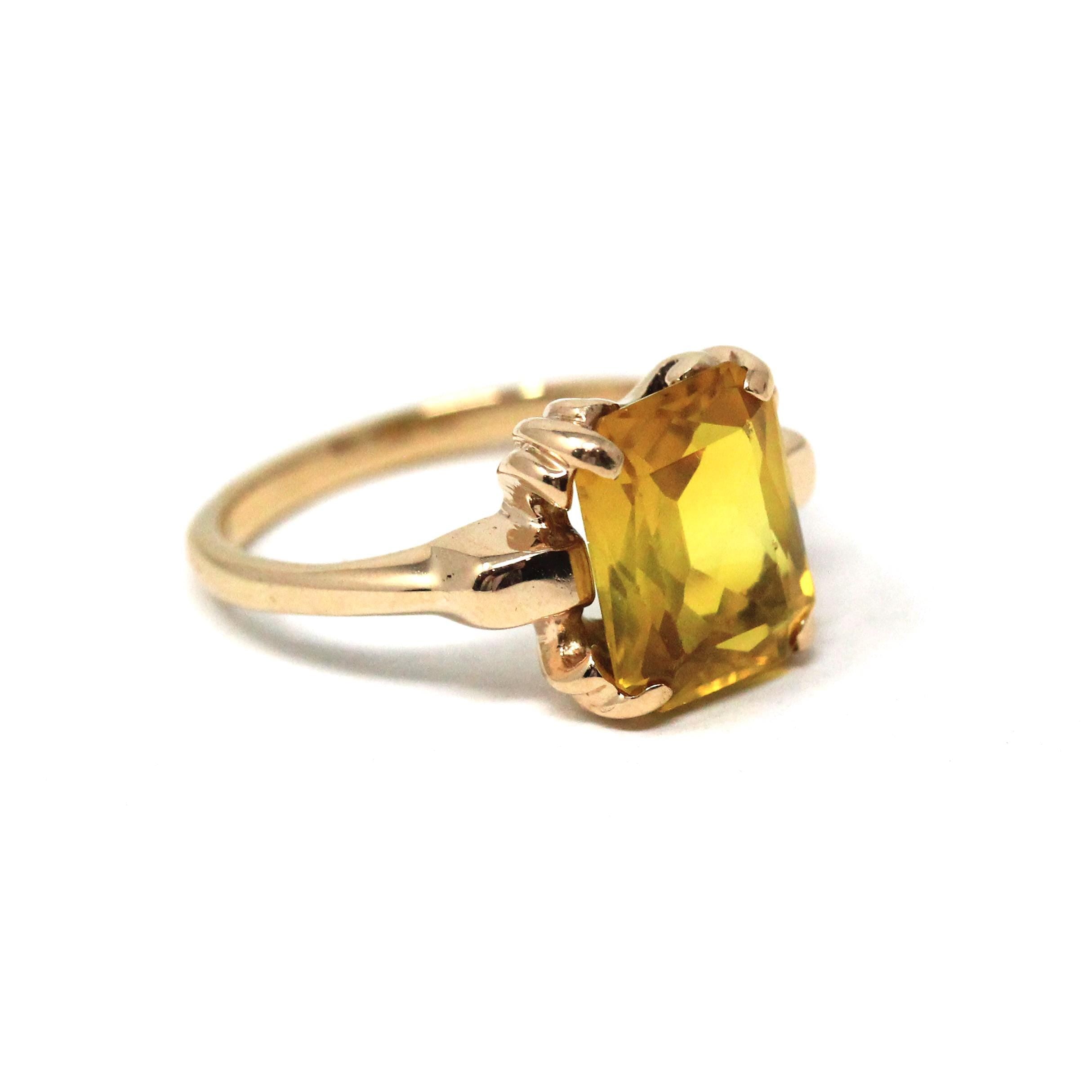 Vintage Created Yellow Sapphire Ring - Retro 10k Yellow Gold Rectangular Gemstone - Circa 1940s Size 6 Statement Solitaire Fine 40s Jewelry