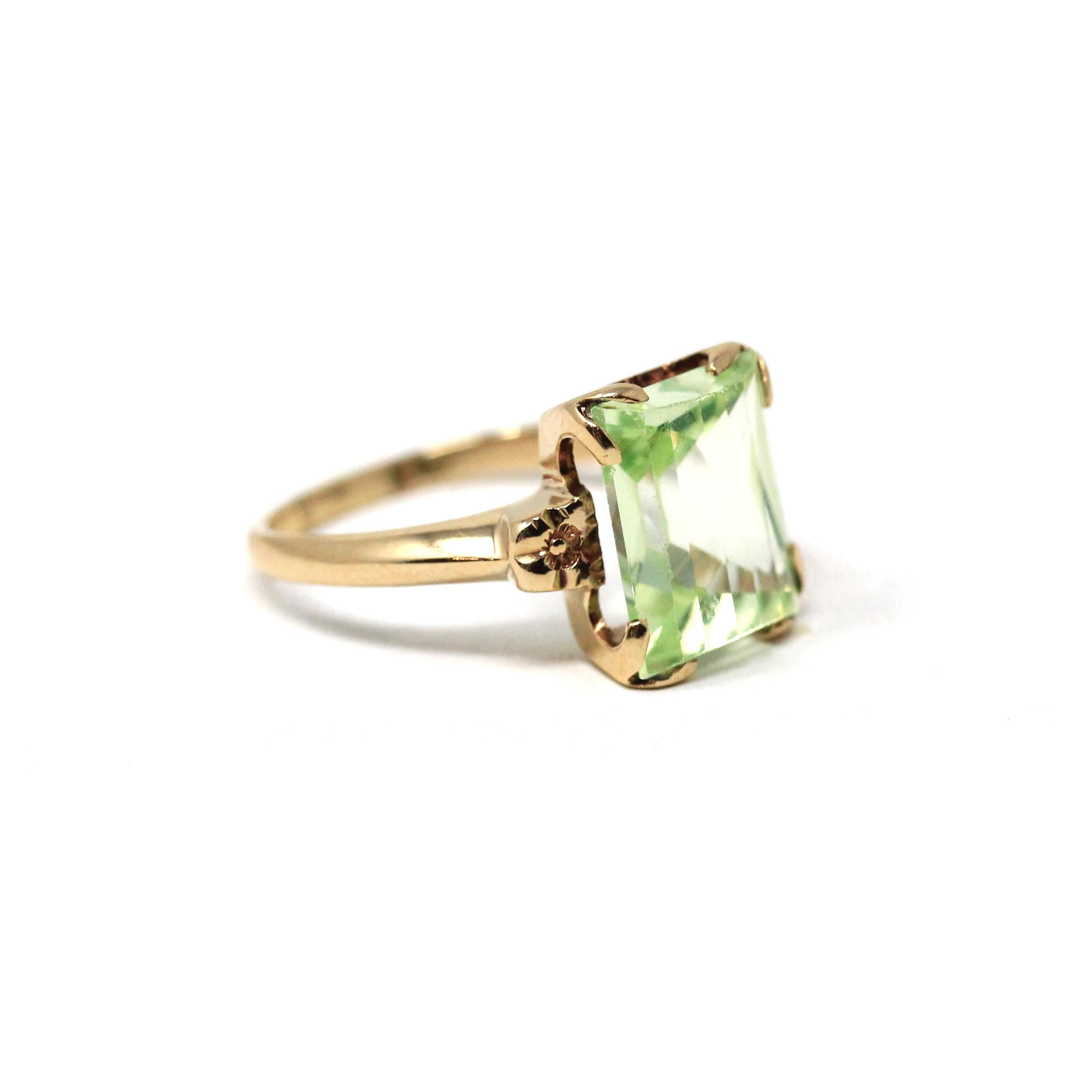 Created Spinel Ring - Mid Century 10k Yellow Gold Fancy Cut Rectangular Light Green Gem - Vintage Circa 1940s Era Size 5 Fine 40s Jewelry
