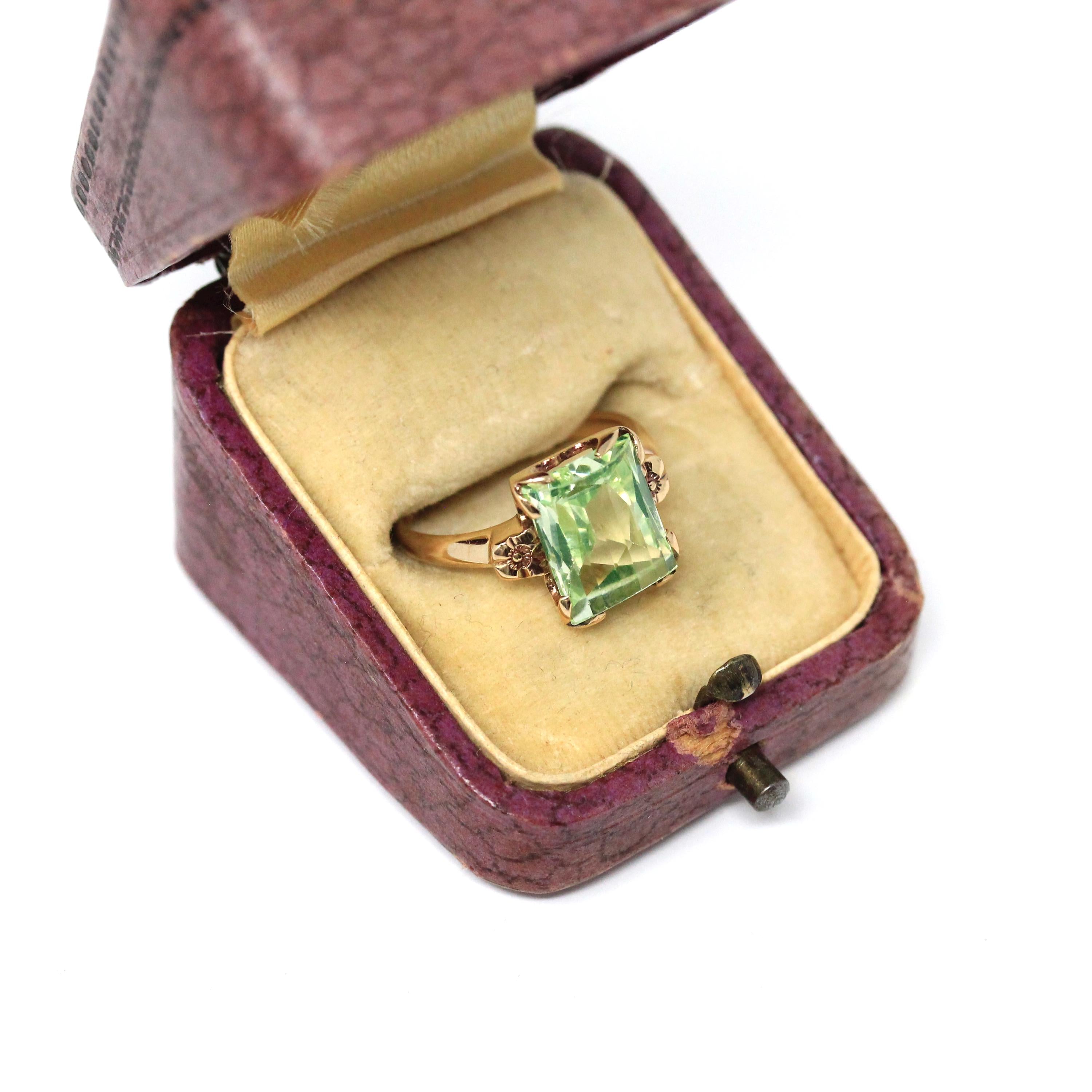 Created Spinel Ring - Mid Century 10k Yellow Gold Fancy Cut Rectangular Light Green Gem - Vintage Circa 1940s Era Size 5 Fine 40s Jewelry