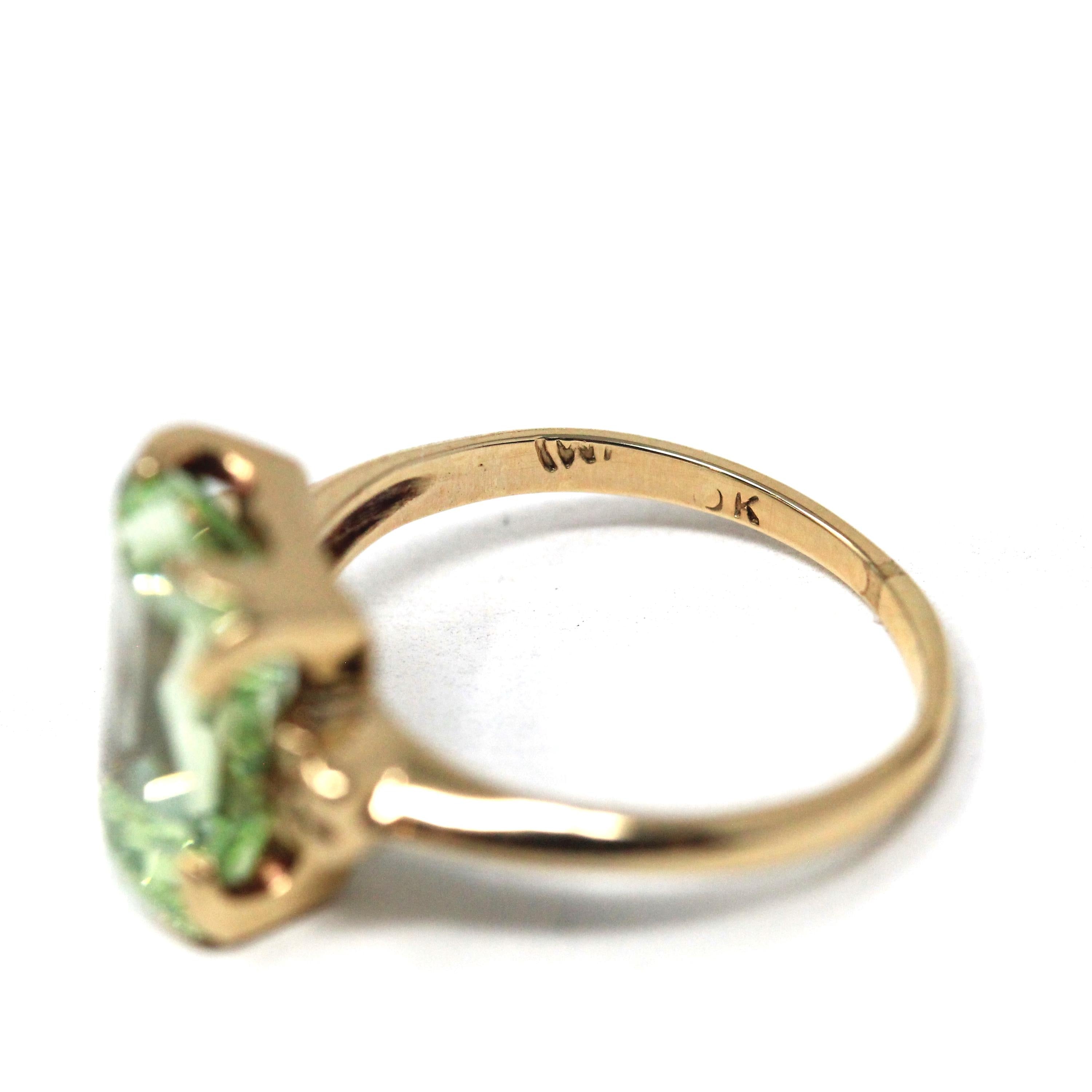 Created Spinel Ring - Mid Century 10k Yellow Gold Fancy Cut Rectangular Light Green Gem - Vintage Circa 1940s Era Size 5 Fine 40s Jewelry