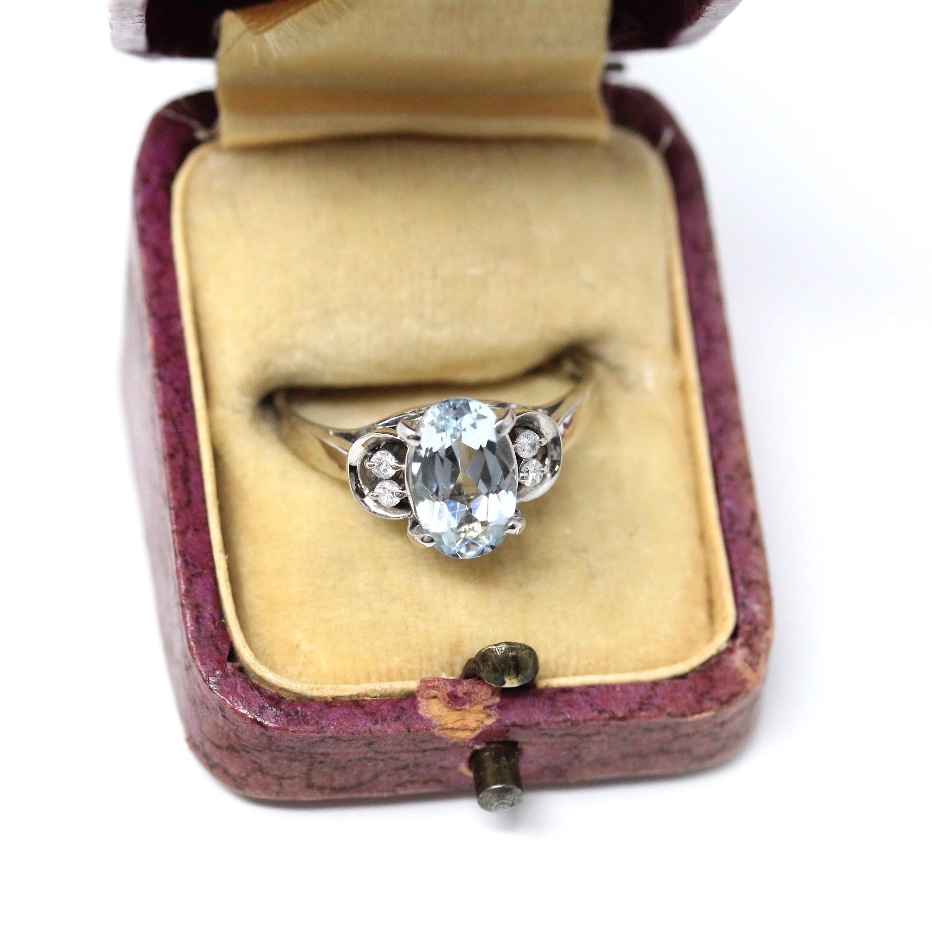 Aquamarine & Diamond Ring - Estate Platinum Oval Blue Natural Gemstones - Modern Size 8 Statement Fine Cocktail March Birthstone Jewelry