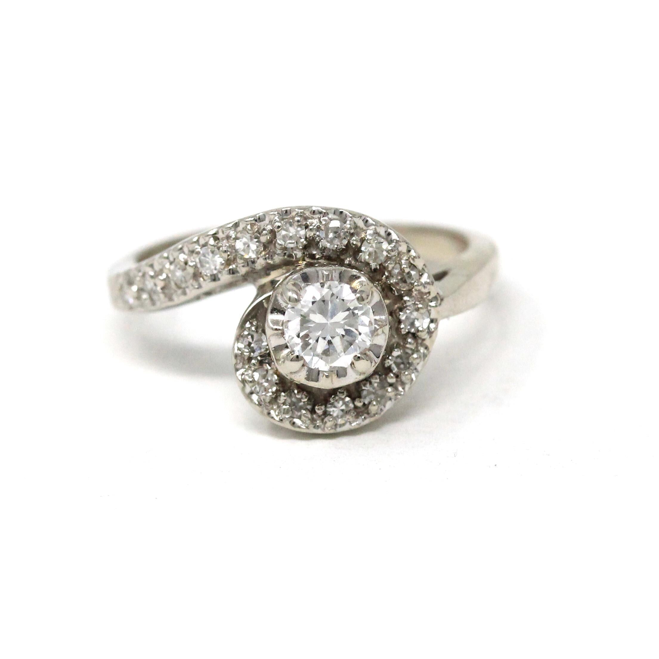 Vintage Diamond Swirl Ring - Mid Century 14K White Gold Natural Gemstone Halo Cluster - Circa 1950s Size 7 1/2 Anniversary Fine 50s Jewelry