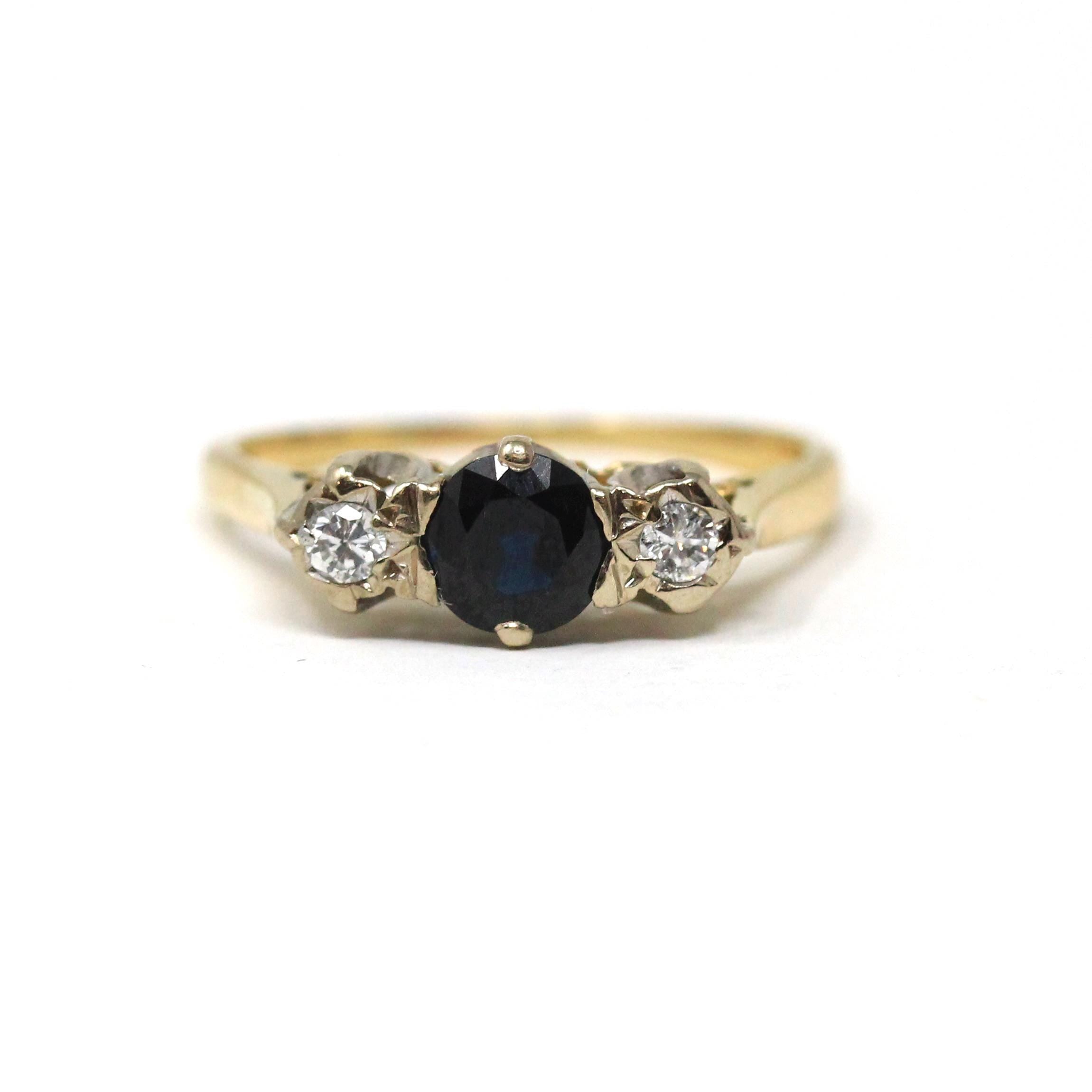 Vintage Sapphire & Diamond Ring - Retro 18k Yellow White Two Tone Gold Natural Blue Gemstone Ring - Hallmarked 1967 Size 5 1/4 Fine Jewelry
