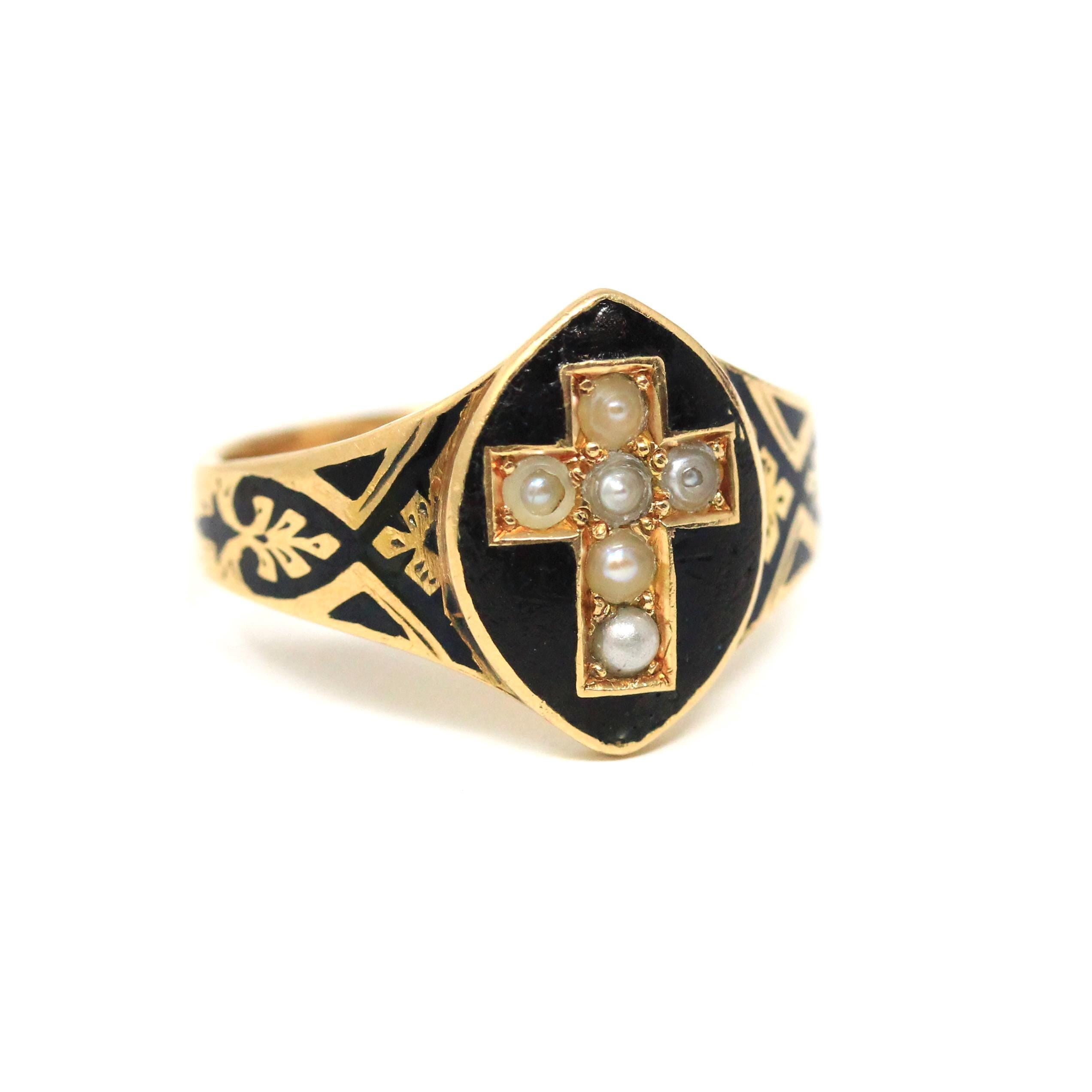 Victorian Cross Ring - Antique 18k Yellow Gold Seed Pearl Black Enamel Symbolic Statement - Vintage Circa 1880 Size 6 1/4 Fine Jewelry