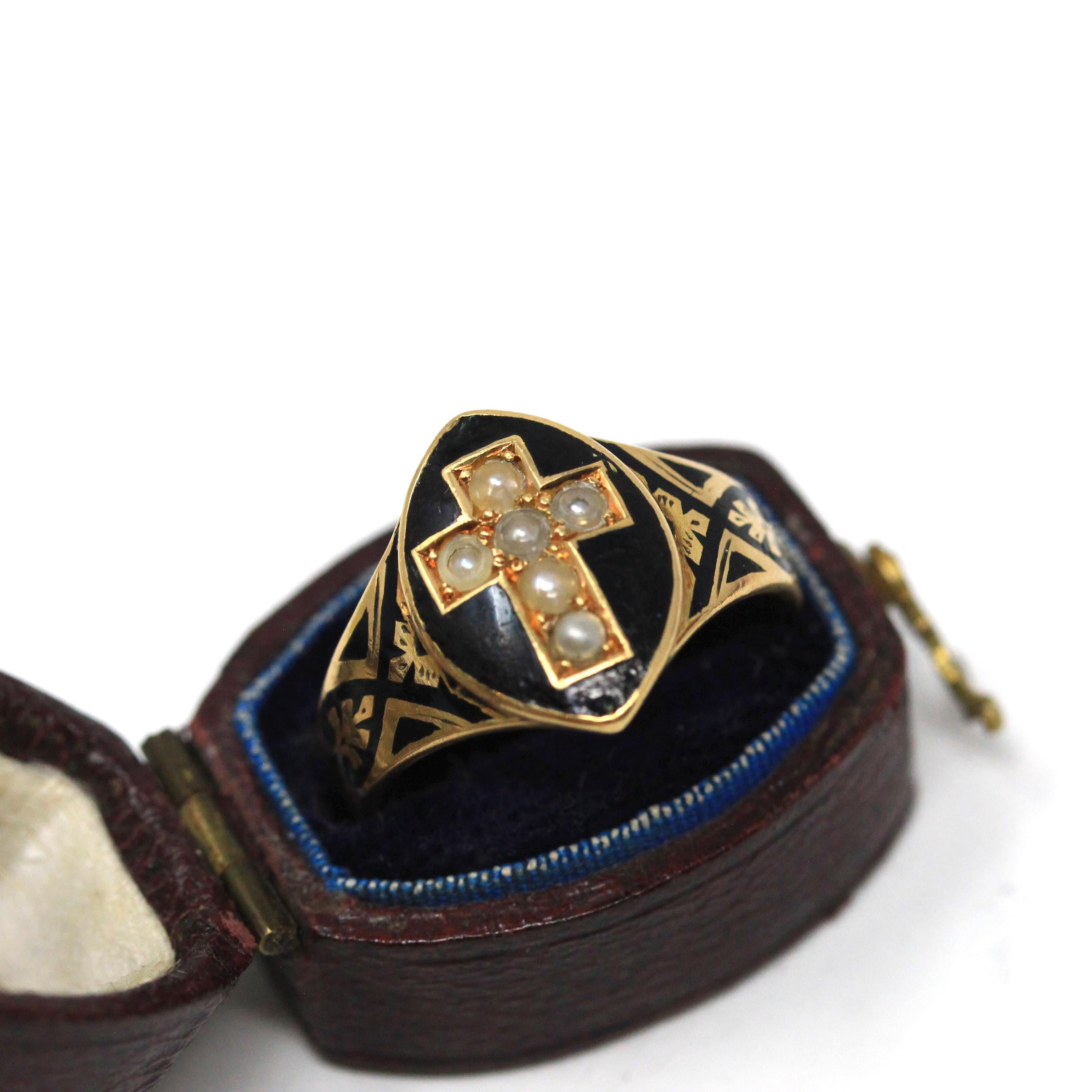 Victorian Cross Ring - Antique 18k Yellow Gold Seed Pearl Black Enamel Symbolic Statement - Vintage Circa 1880 Size 6 1/4 Fine Jewelry