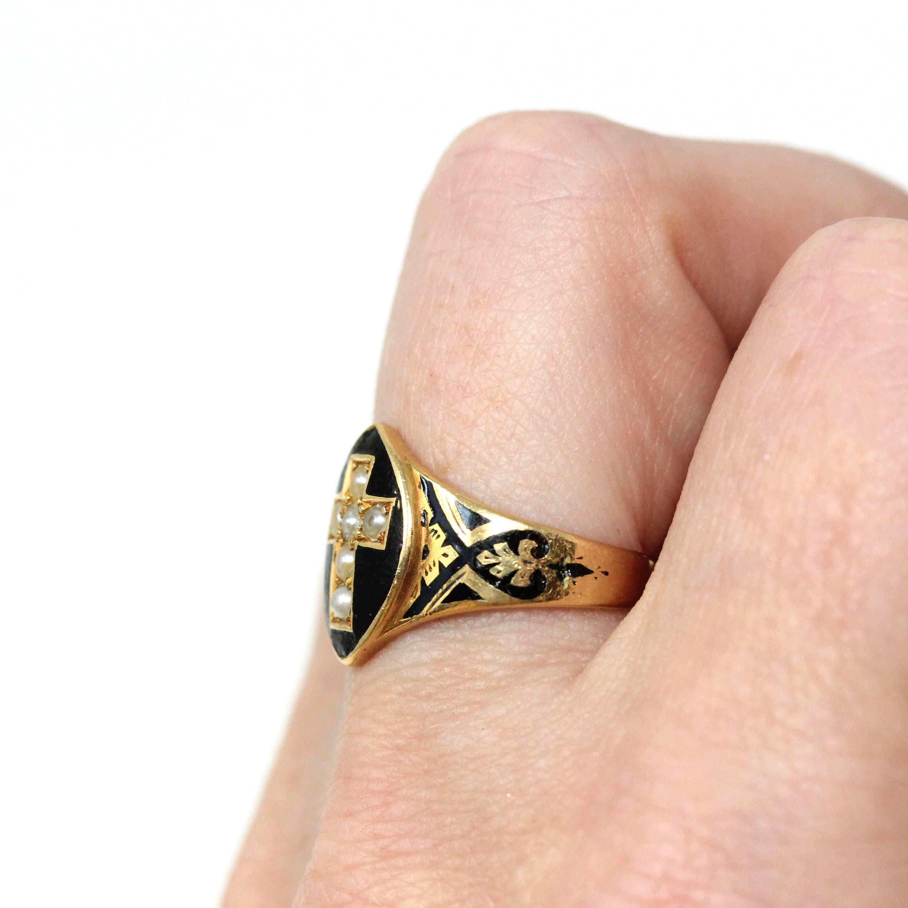 Victorian Cross Ring - Antique 18k Yellow Gold Seed Pearl Black Enamel Symbolic Statement - Vintage Circa 1880 Size 6 1/4 Fine Jewelry