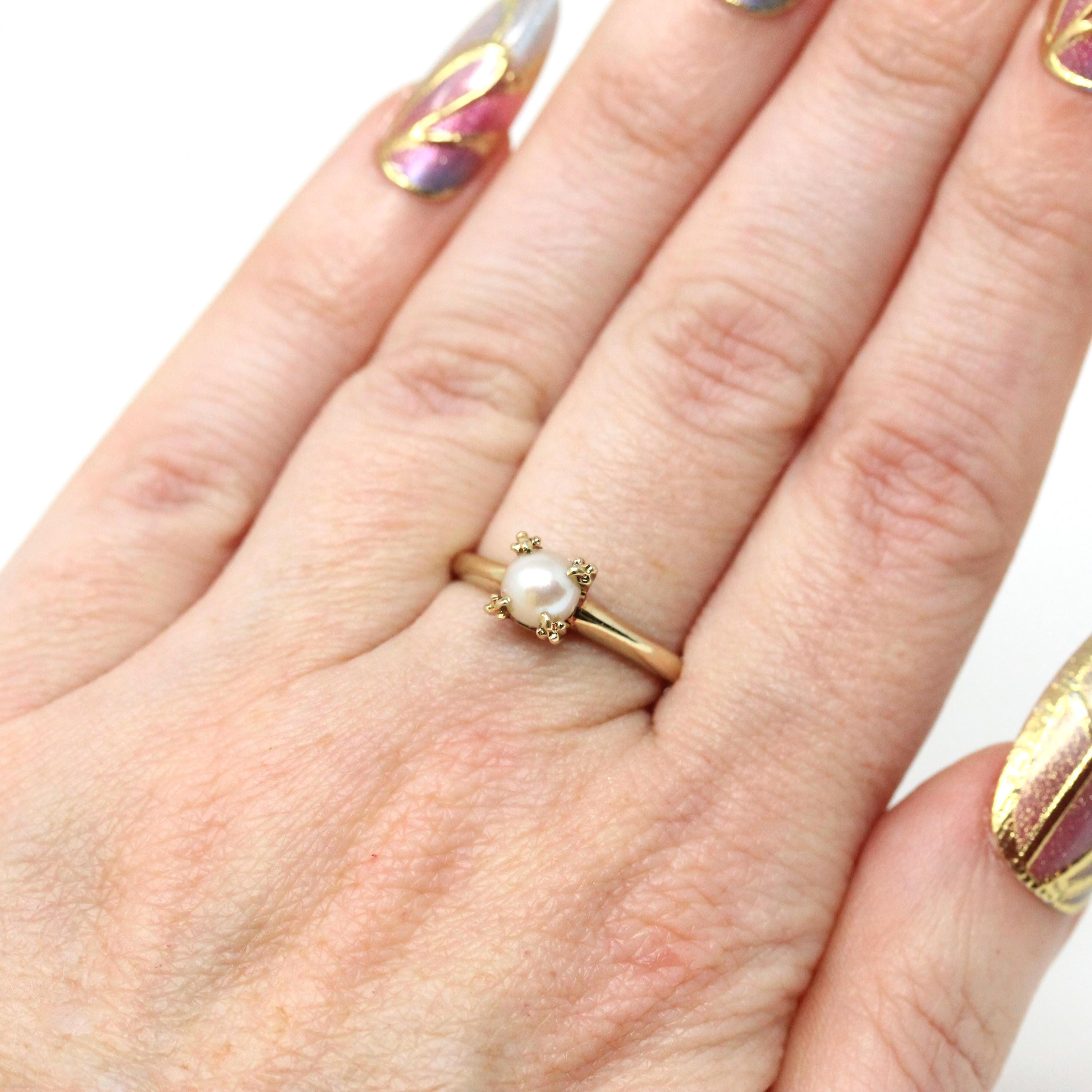 Vintage Cultured Pearl Ring - Mid Century 10k Yellow Gold Round White Gemstone Solitaire - Circa 1950s Size 6 June Birthstone Fine Jewelry