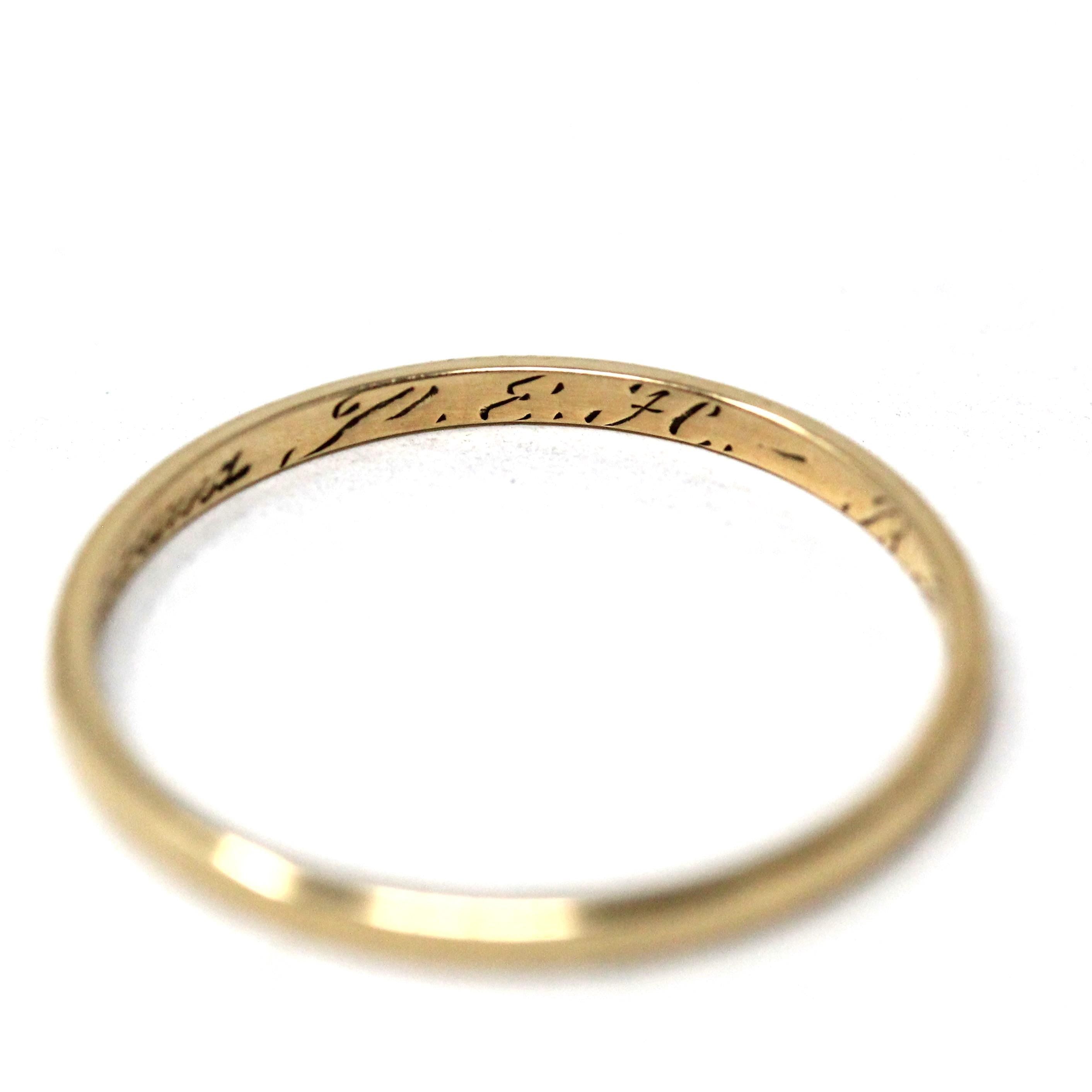 Vintage Wedding Band - Mid Century 14k Yellow Gold Plain Dainty Bridal Ring - Dated 1946 Size 5 3/4 Stacking Art Carved JR Wood Fine Jewelry