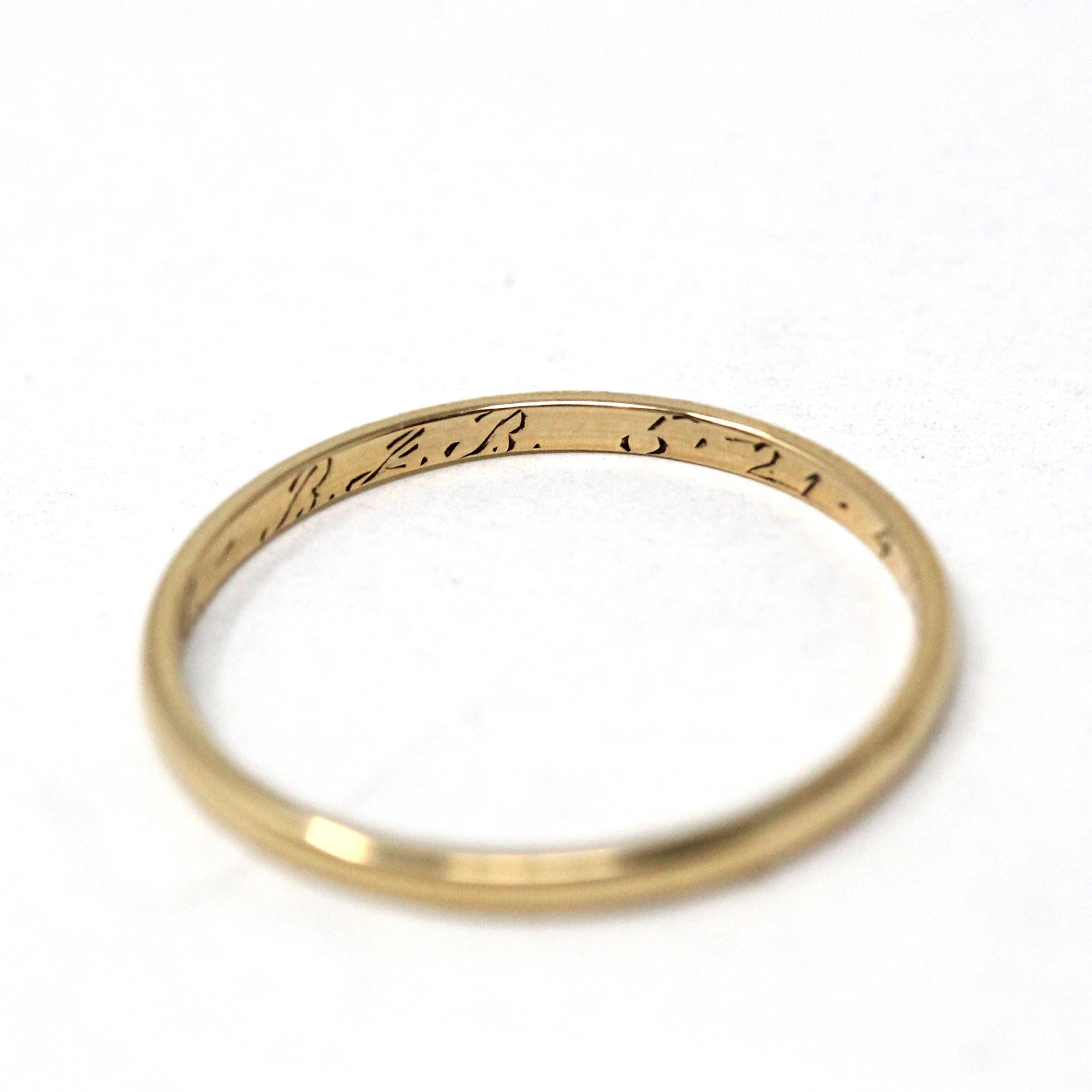 Vintage Wedding Band - Mid Century 14k Yellow Gold Plain Dainty Bridal Ring - Dated 1946 Size 5 3/4 Stacking Art Carved JR Wood Fine Jewelry