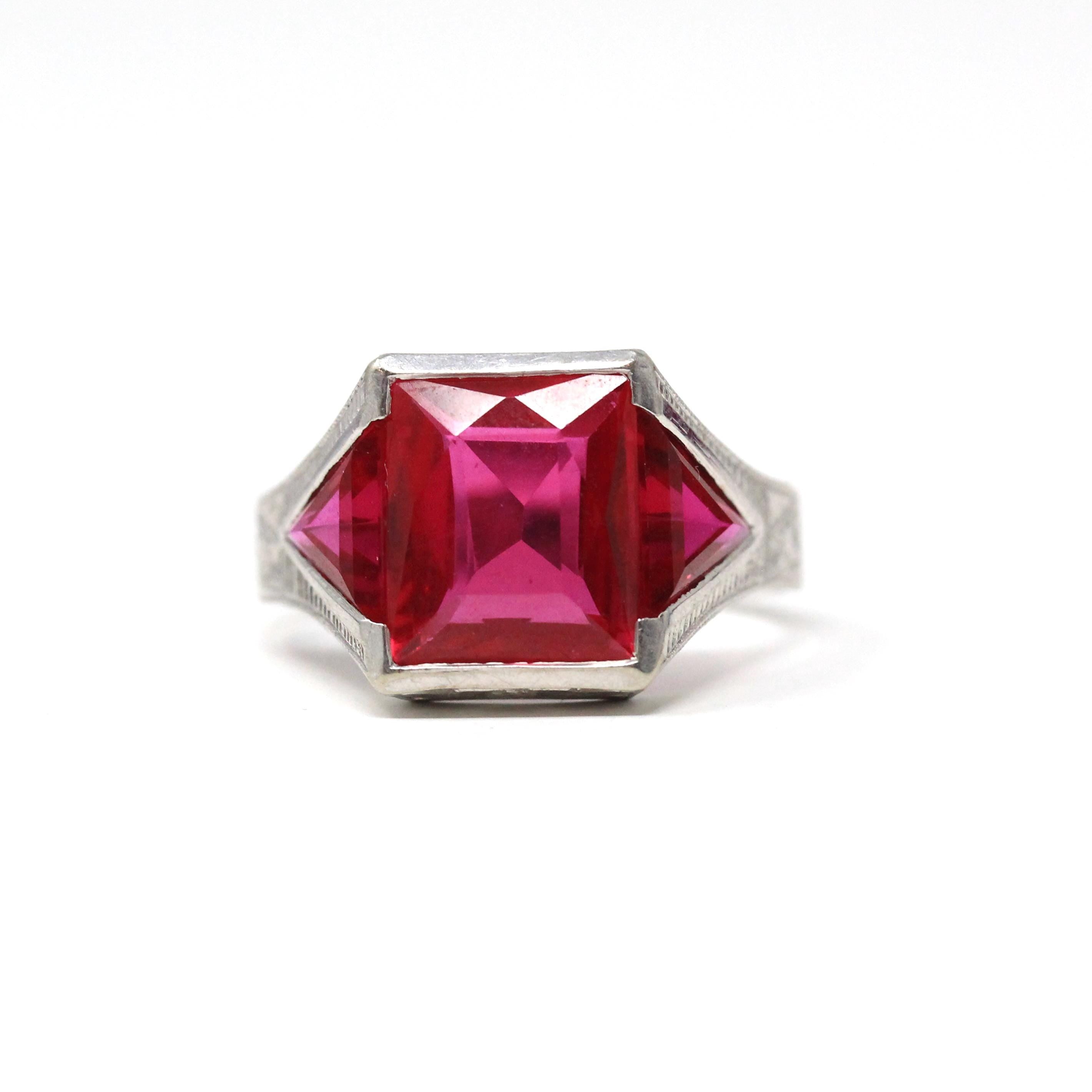 Created Ruby Ring - Art Deco 10k White Gold Fancy Cut Pink Red Stone - Vintage Circa 1930s Era Size 11 3/4 July Birthstone Fine Jewelry
