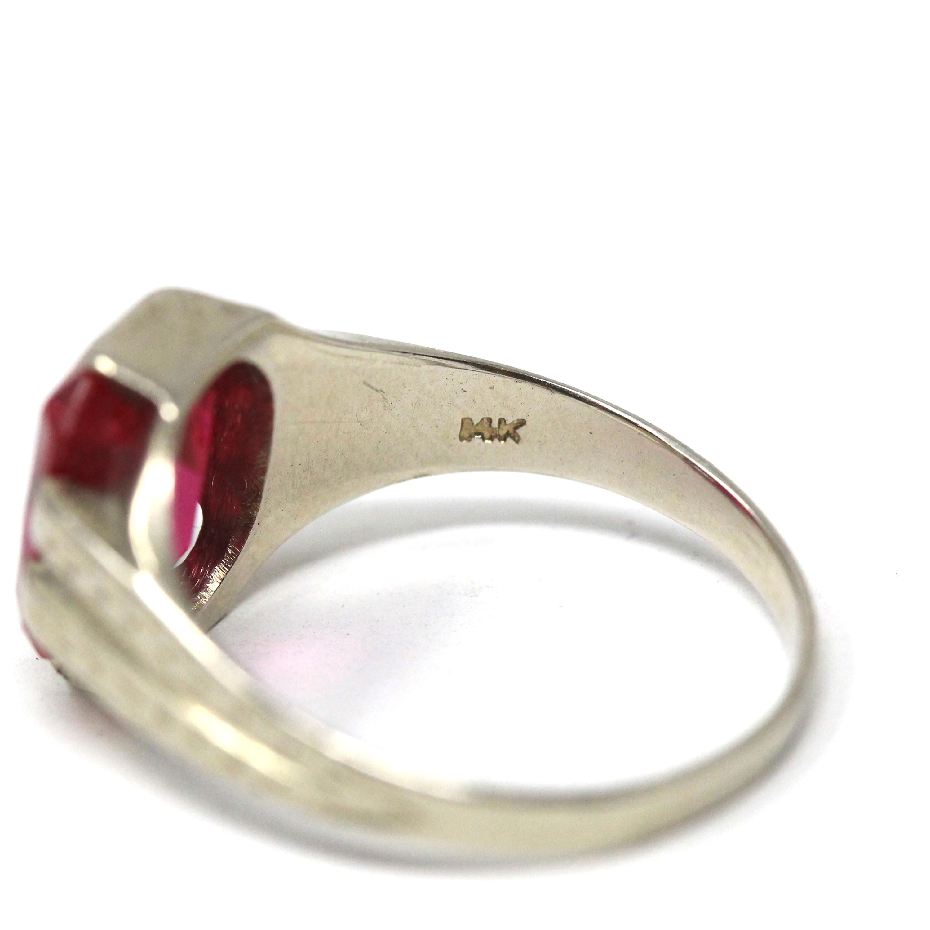 Created Ruby Ring - Art Deco 14k White Gold Emerald Cut Red Gemstone - Vintage Circa 1930s Size 7 1/2 July Birthstone Solitaire Fine Jewelry