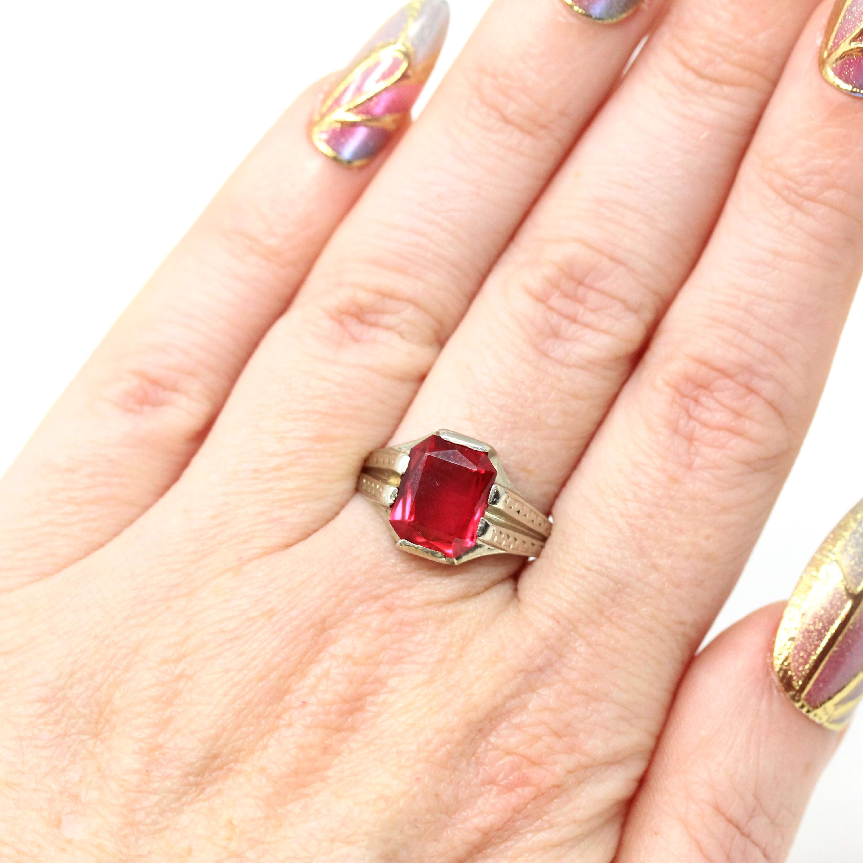 Created Ruby Ring - Art Deco 14k White Gold Emerald Cut Red Gemstone - Vintage Circa 1930s Size 7 1/2 July Birthstone Solitaire Fine Jewelry