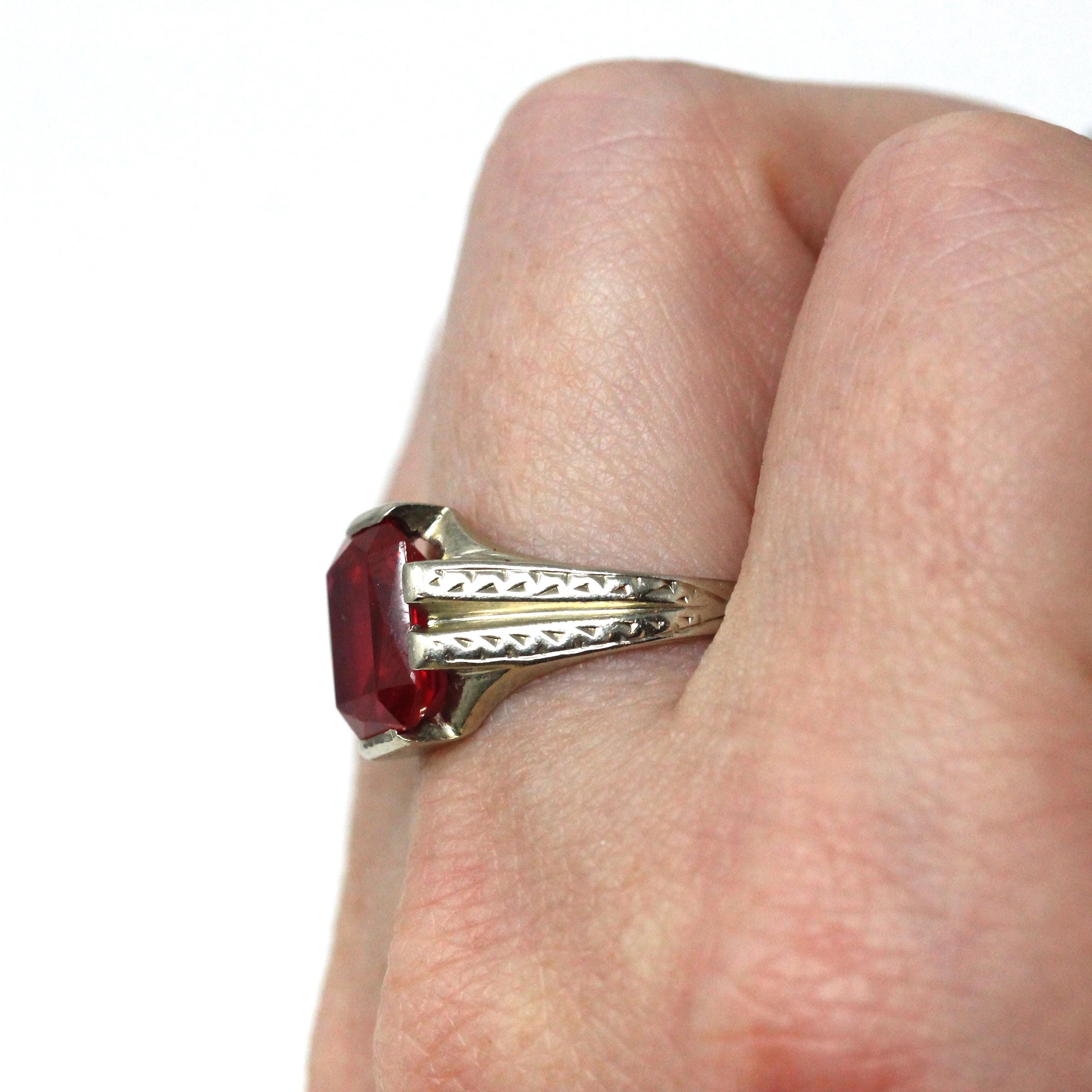 Created Ruby Ring - Art Deco 14k White Gold Emerald Cut Red Gemstone - Vintage Circa 1930s Size 7 1/2 July Birthstone Solitaire Fine Jewelry