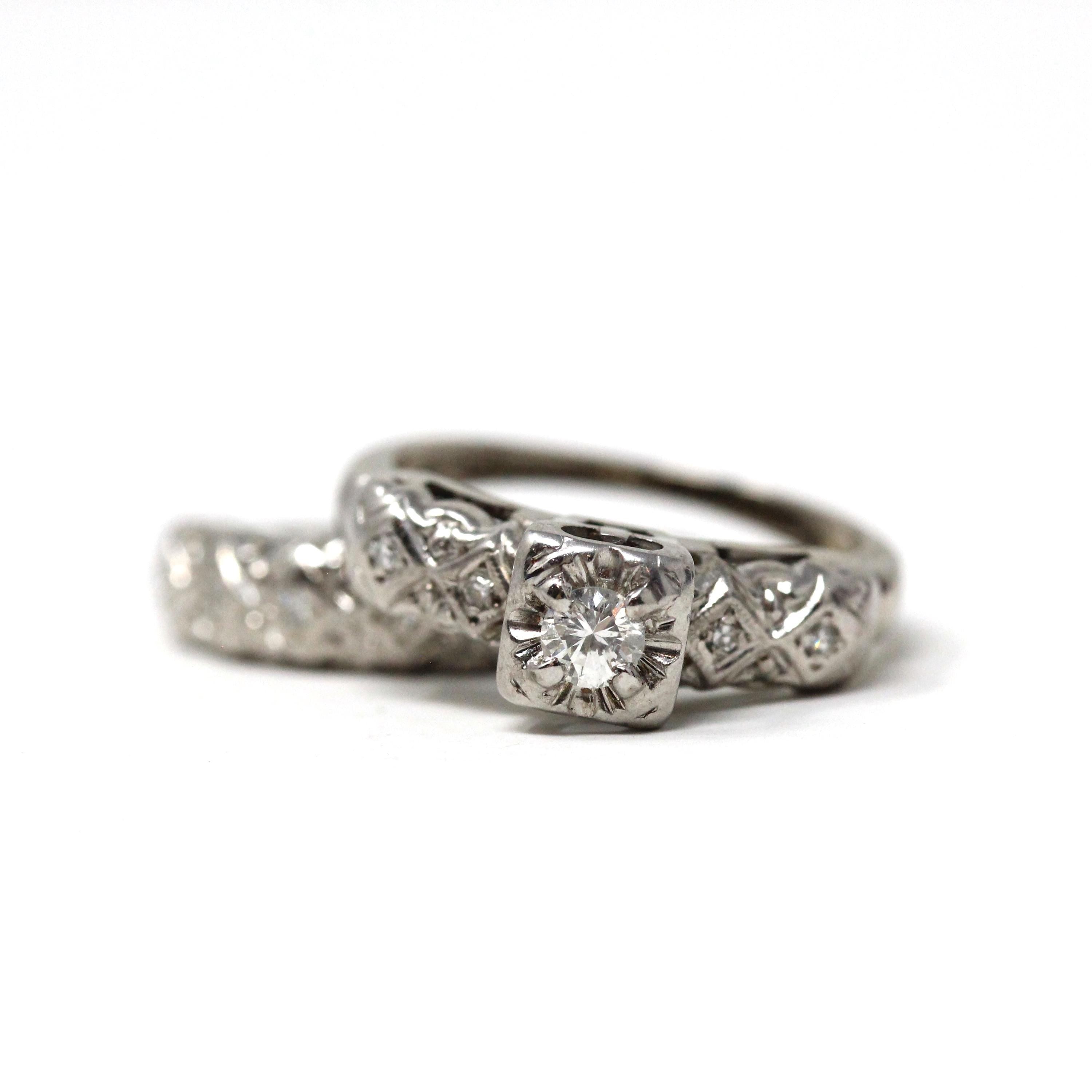Vintage Wedding Set - Mid Century 14k White Gold Natural Diamonds Matching Engagement Ring & Band - Circa 1950s Size 5 Bridal Fine Jewelry