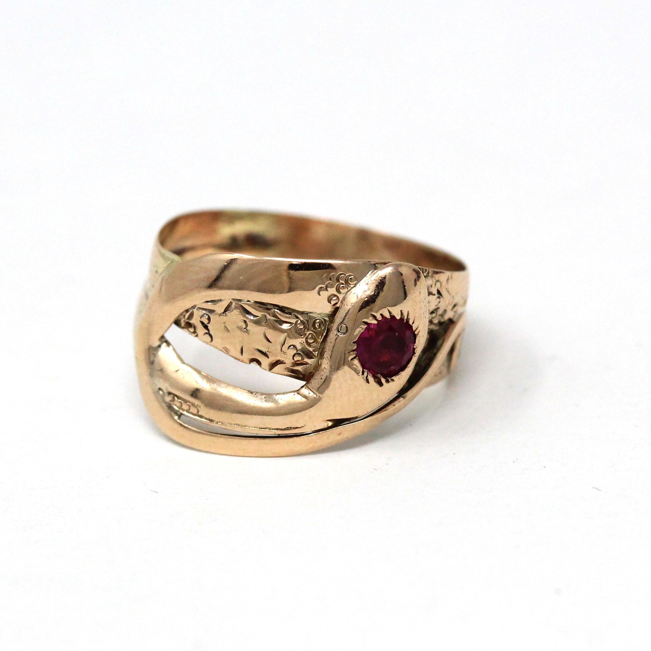Antique Snake Ring - Victorian 10k Yellow Gold Created Ruby Gemstone Band - Vintage Circa 1900s Era Size 6 3/4 Coiled Serpent Fine Jewelry