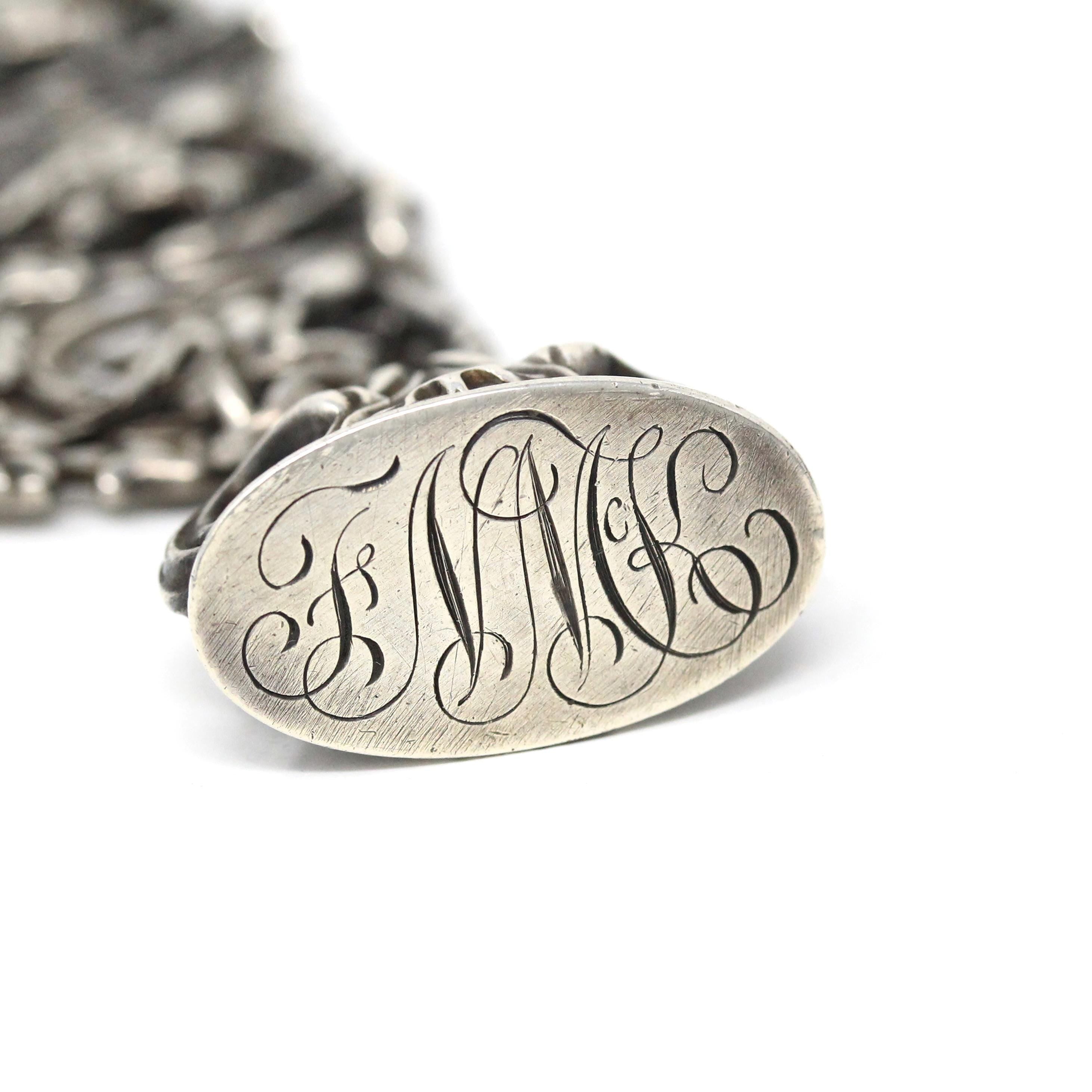Antique Watch Fob - Victorian Sterling Silver Nature Inspired Bird Chain Engraved FNMK - Repousse Floral Panel Link Drop Fine Unisex Jewelry