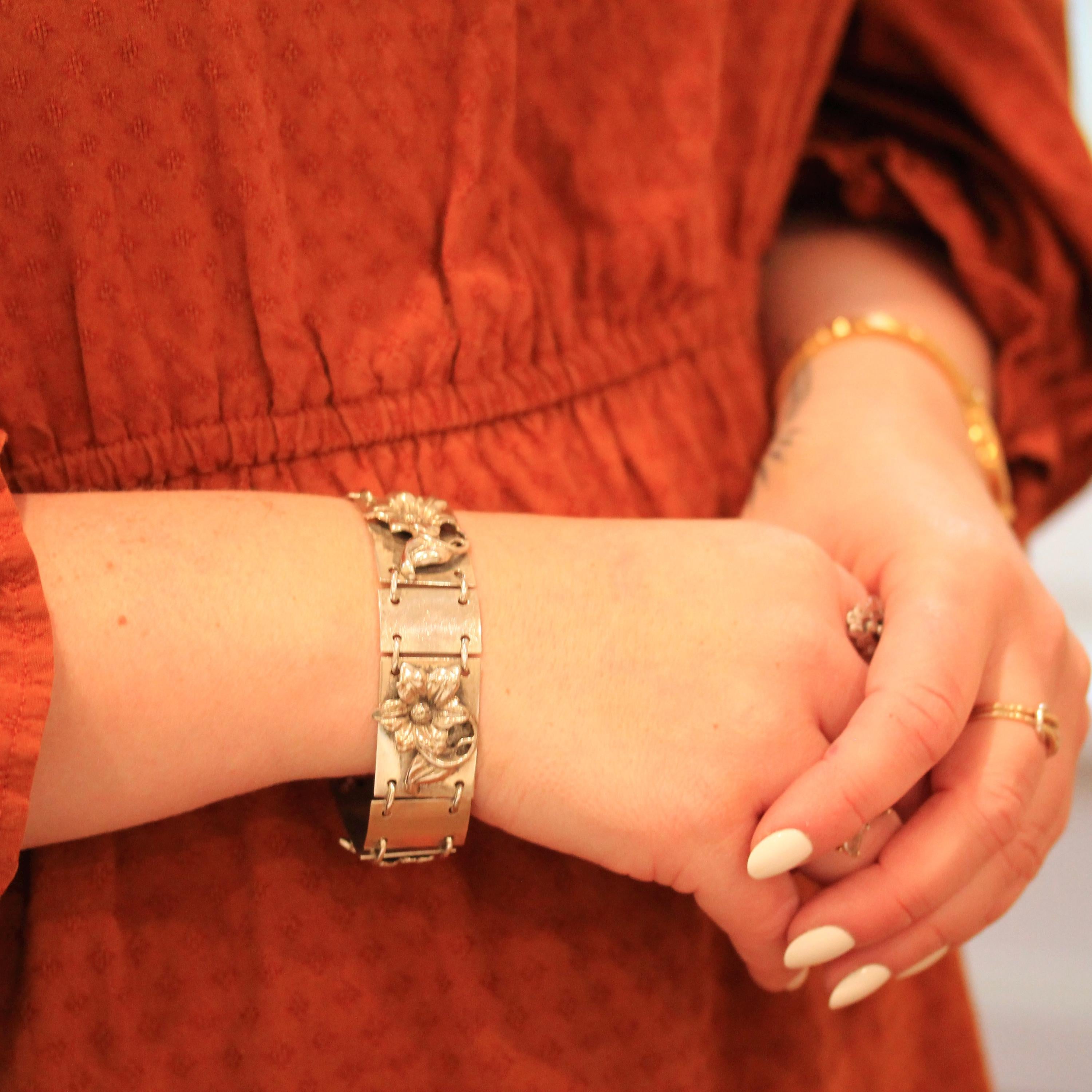 Vintage Flower Bracelet - Mid Century Sterling Silver Floral Panel Statement - Circa 1940s Era Collectible Signed Max Rieg Patina Jewelry