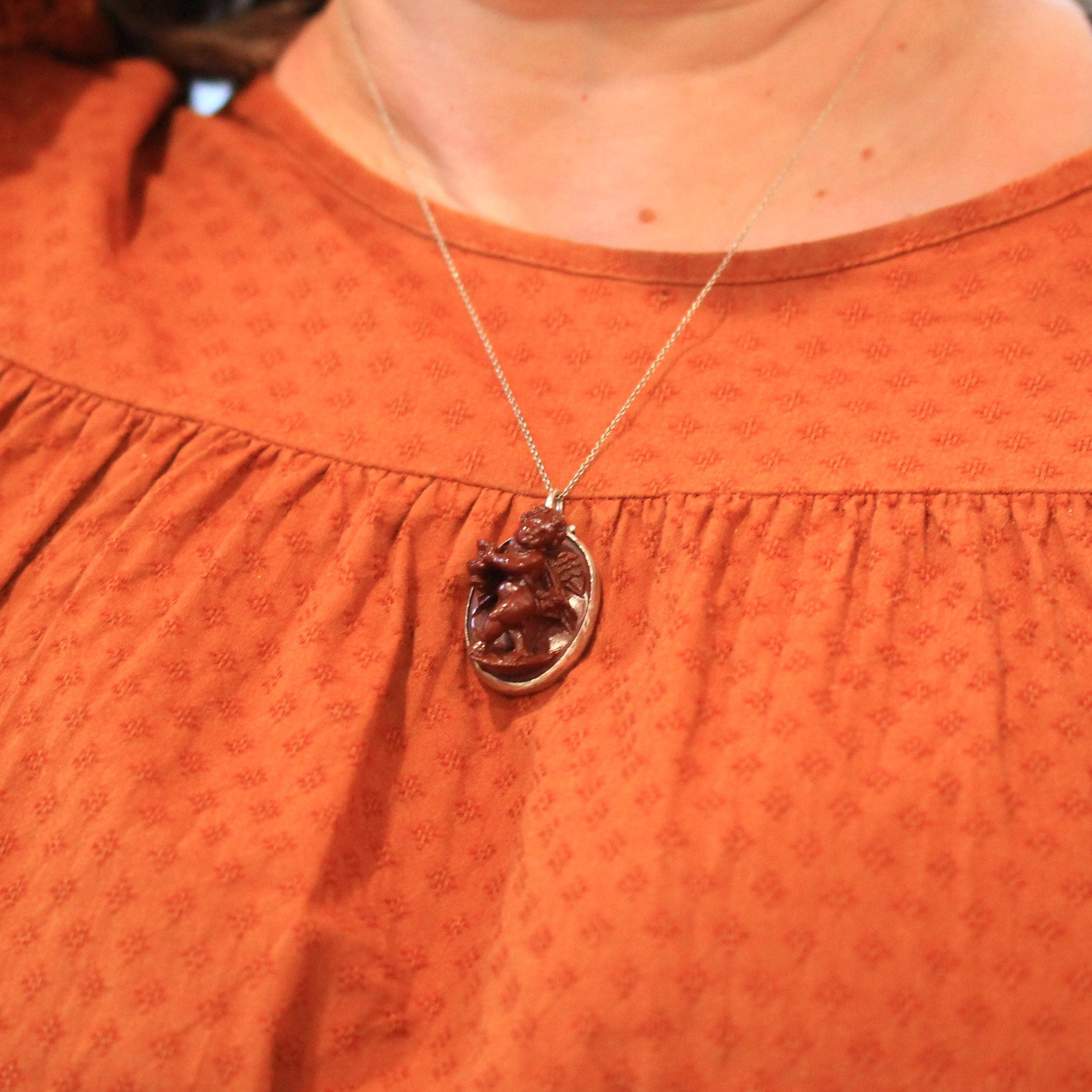 Vintage Cherub Pendant - Mid Century Silver Cherub Angel Baby Necklace - Circa 1960s Era Leaf Statement Plastic Fashion Accessory Jewelry