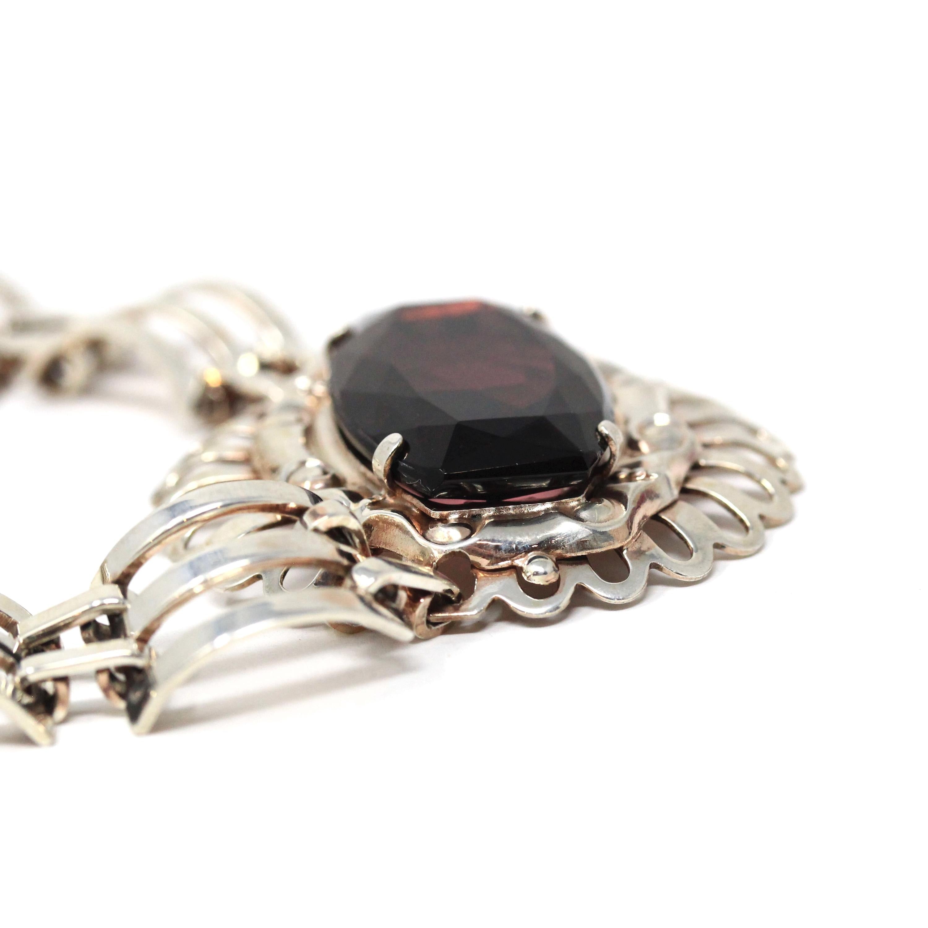 Vintage Jewelry Set - Retro Era Sterling Silver Interlocking Open Metal Purple Glass Choker and Bracelet Links - Circa 1970s Fashion Jewelry