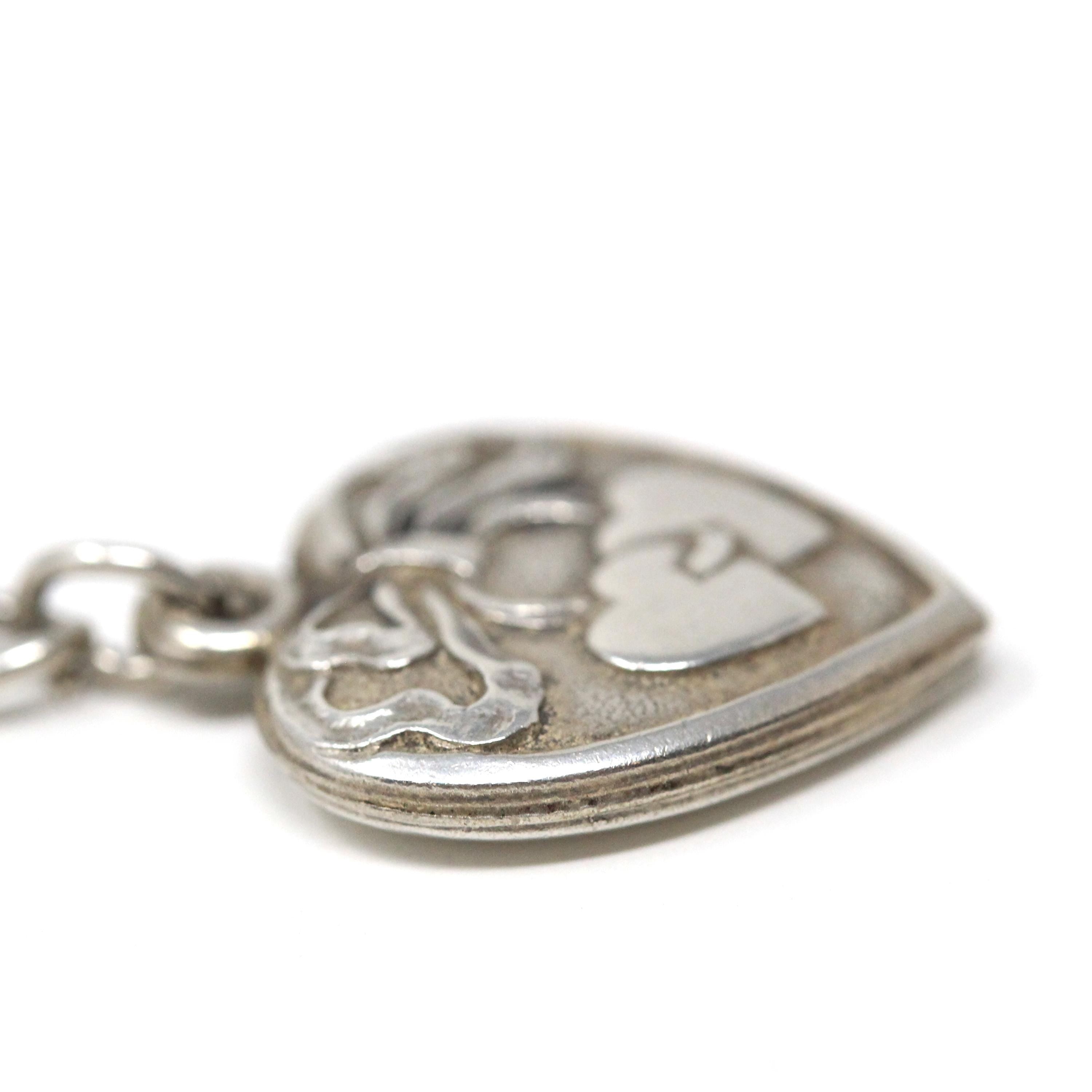 Vintage Heart Bracelet - Mid Century Sterling Silver Puffy Charm Pendant Curb Link Chain - Circa 1940s Era Sweetheart Bow Love Motif Jewelry
