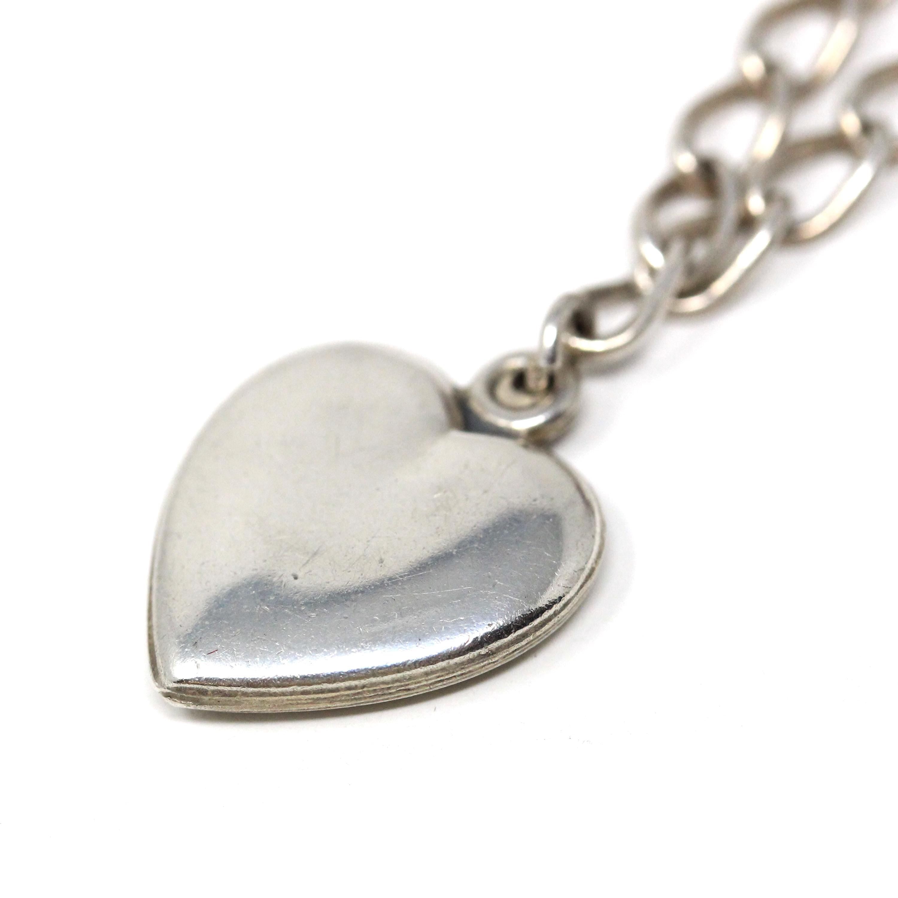 Vintage Heart Bracelet - Mid Century Sterling Silver Puffy Charm Pendant Curb Link Chain - Circa 1940s Era Sweetheart Bow Love Motif Jewelry