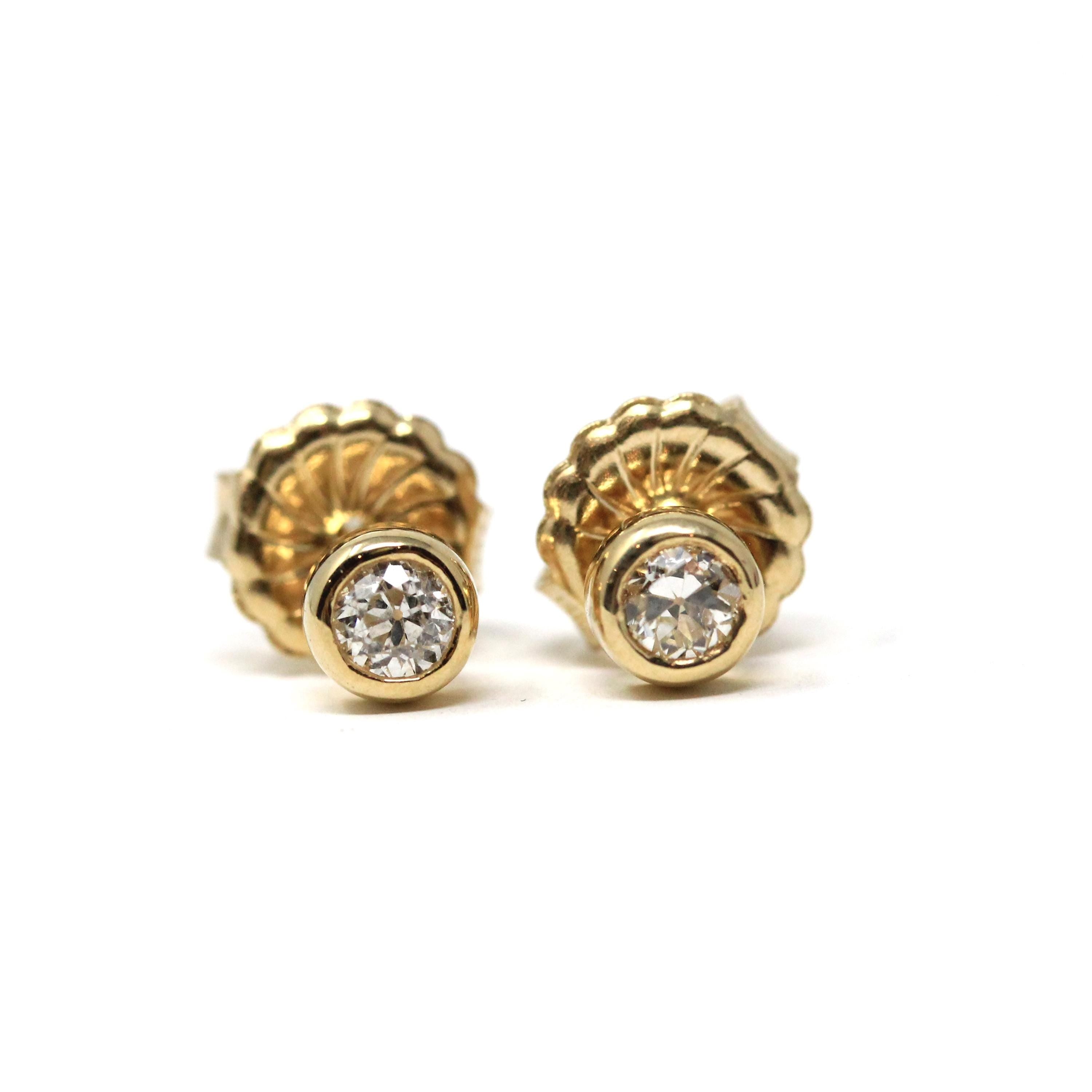 Bezel Diamond Earrings - Contemporary Custom 14k Yellow Gold .24 CTW Natural Old European Cut Gemstones - Post Stud Fine Minimalist Jewelry