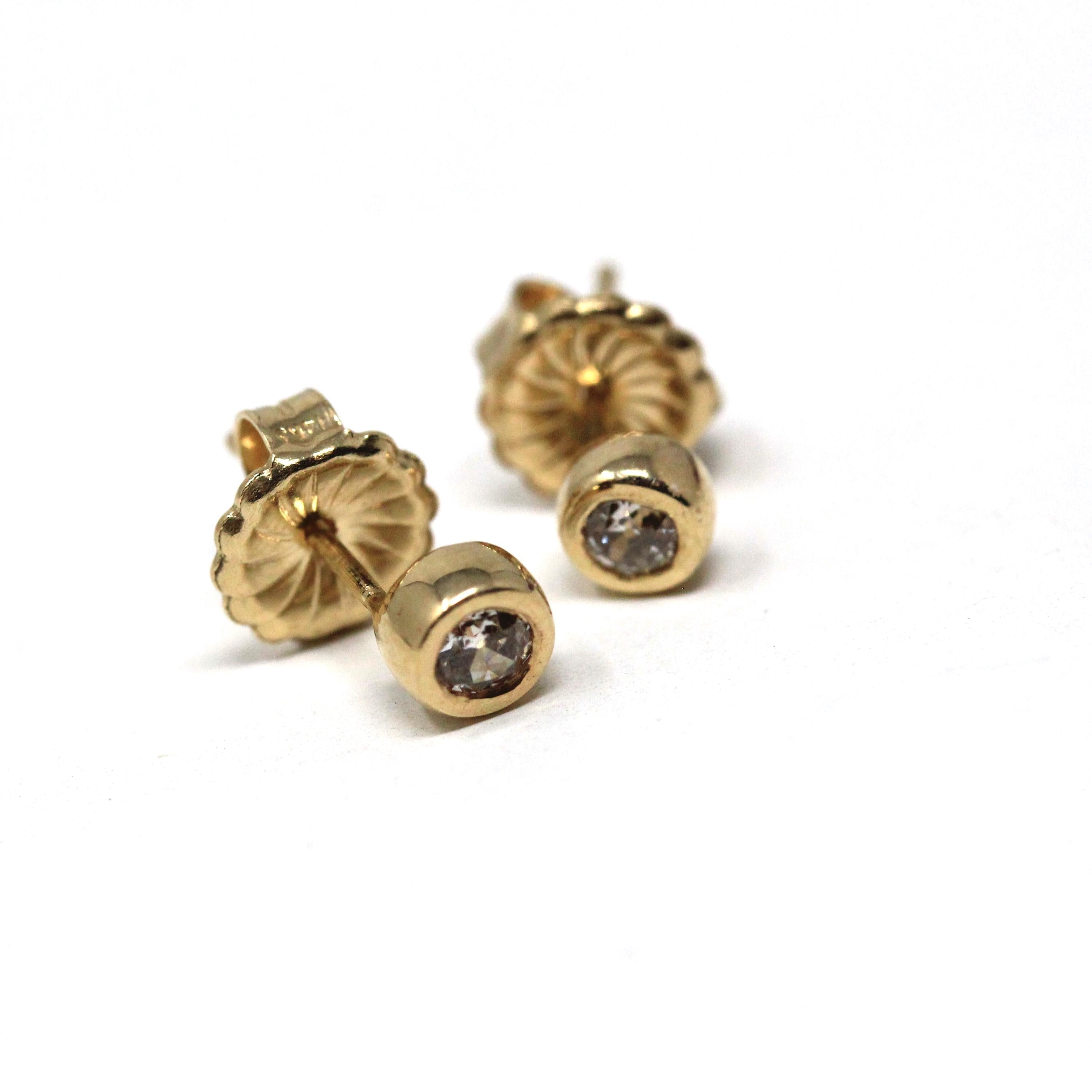 Bezel Diamond Earrings - Contemporary Custom 14k Yellow Gold .24 CTW Natural Old European Cut Gemstones - Post Stud Fine Minimalist Jewelry