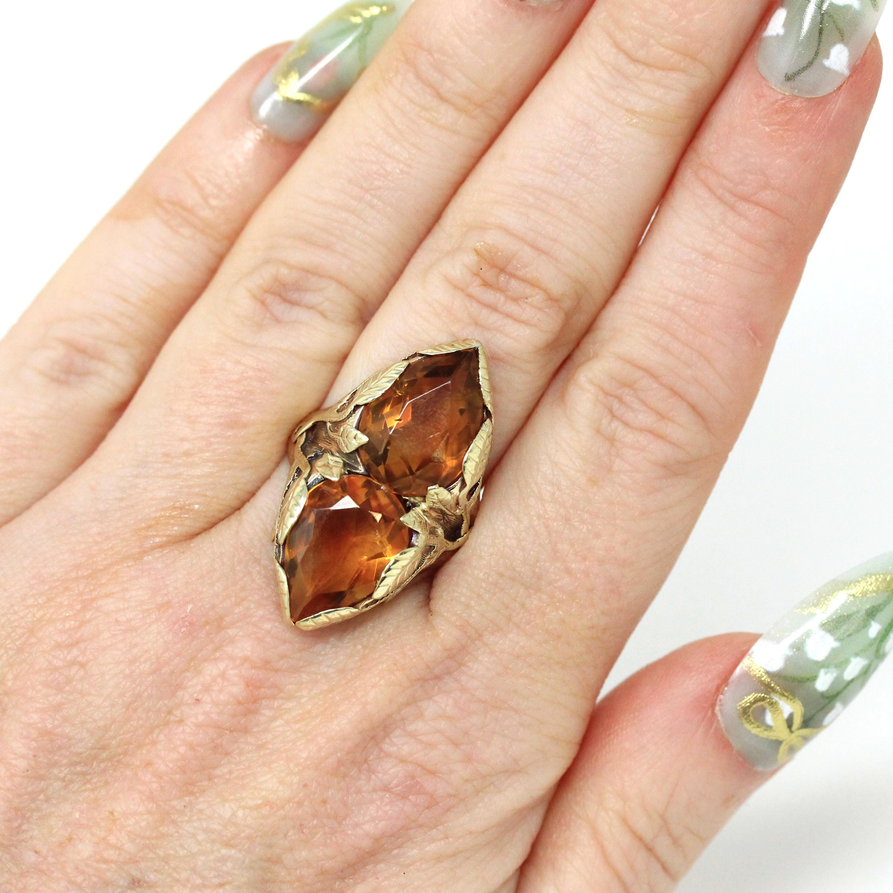 Antique Citrine Ring - Art Nouveau 14k Yellow Gold Two Yellow Gemstones - Circa 1910s Size 7 3/4 Fine November Birthstone Statement Jewelry