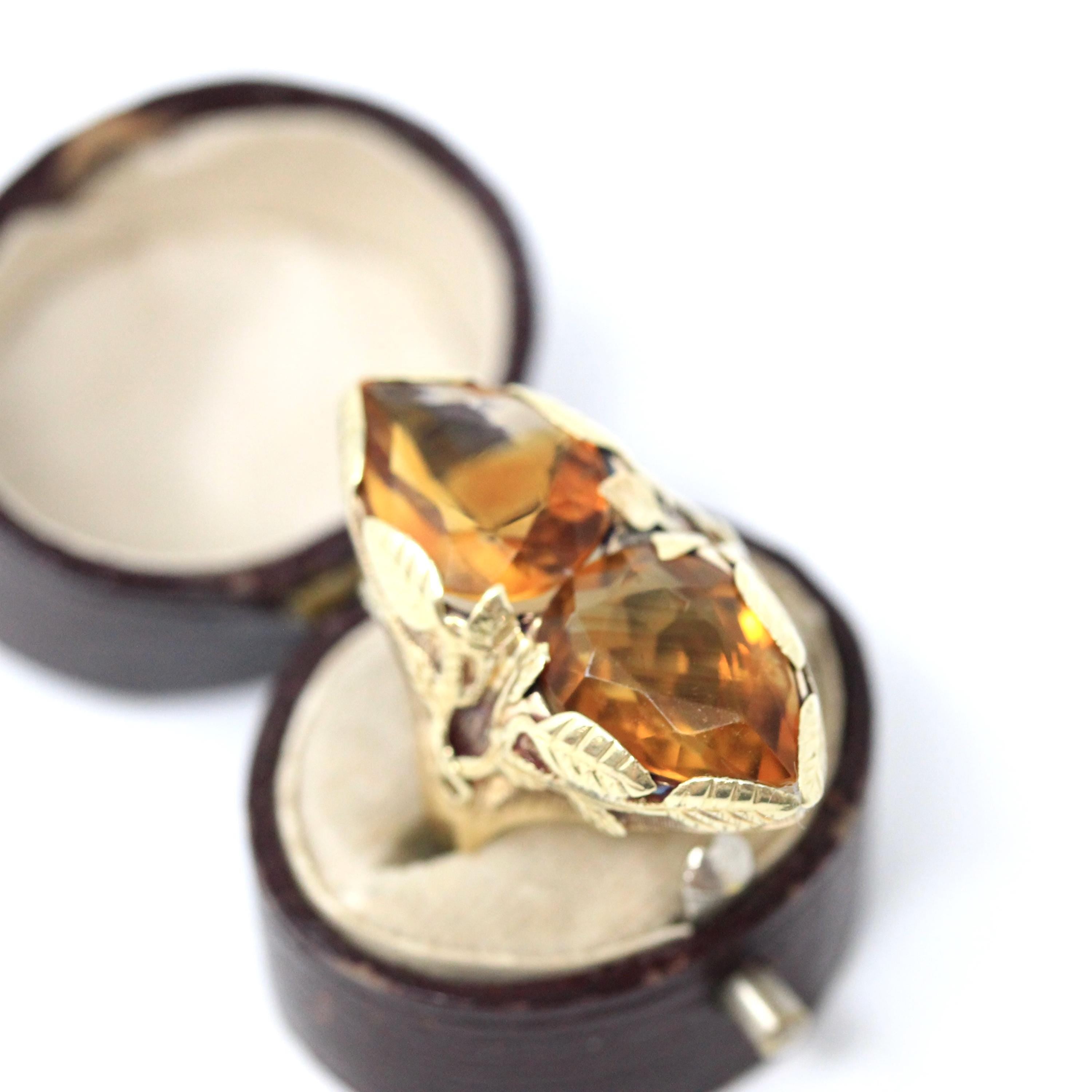 Antique Citrine Ring - Art Nouveau 14k Yellow Gold Two Yellow Gemstones - Circa 1910s Size 7 3/4 Fine November Birthstone Statement Jewelry