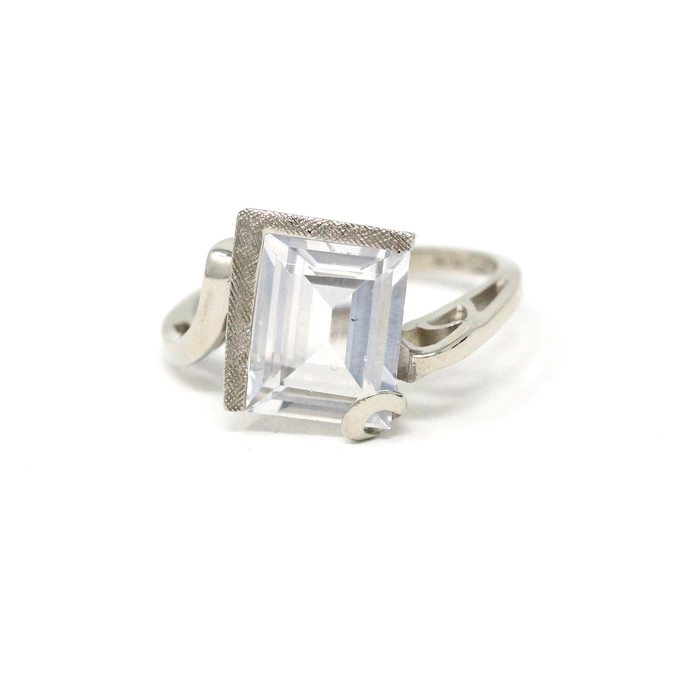 Retro Created Spinel Ring - Vintage 10k White Gold Bypass Rectangular Step Cut White Gemstone - Circa 1960s Size 6 Fine Statement Jewelry