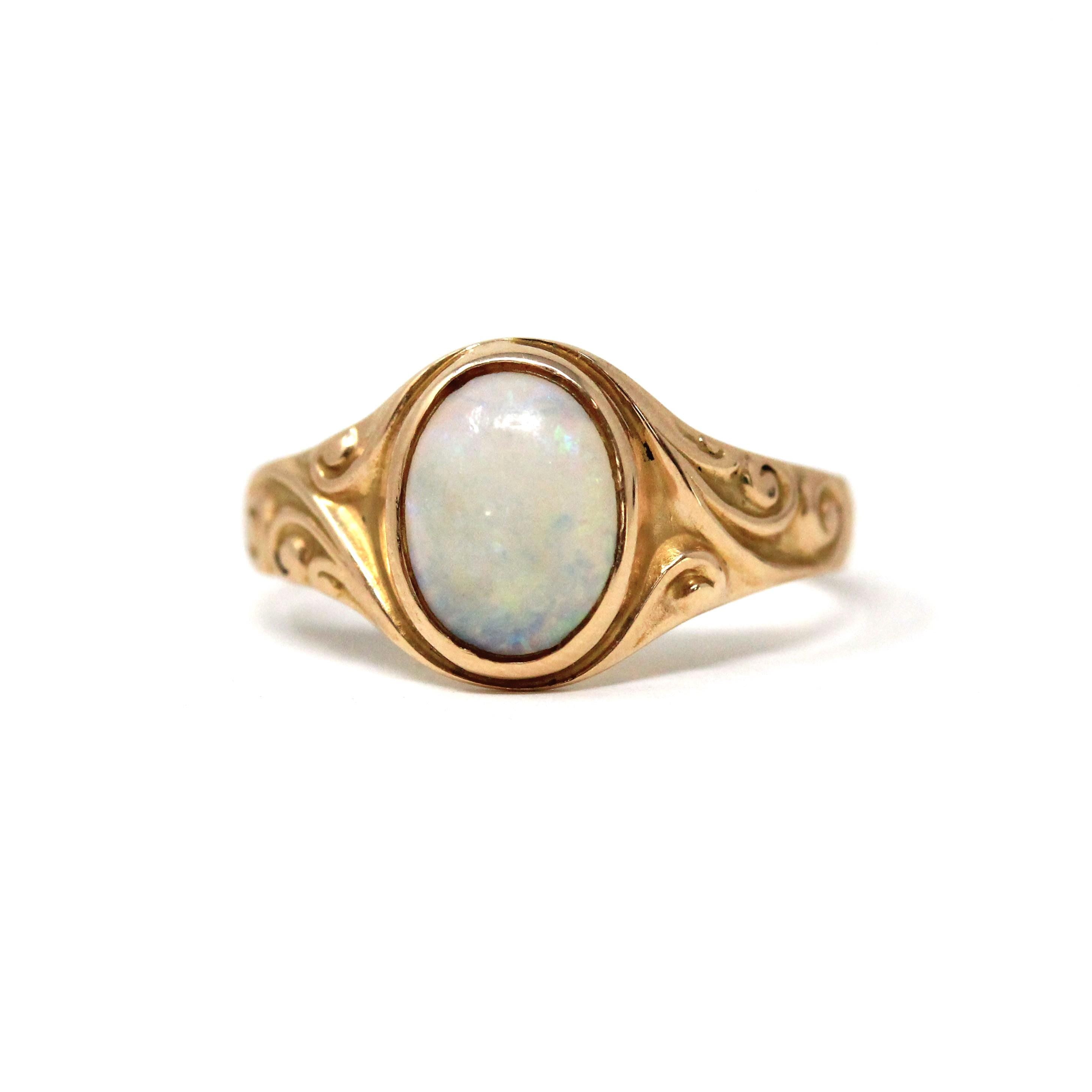 Edwardian Opal Ring - Antique 10k Yellow Gold Solitaire Natural Cabochon Gem - Circa 1900s Era Size 4 3/4 October Birthstone Fine Jewelry
