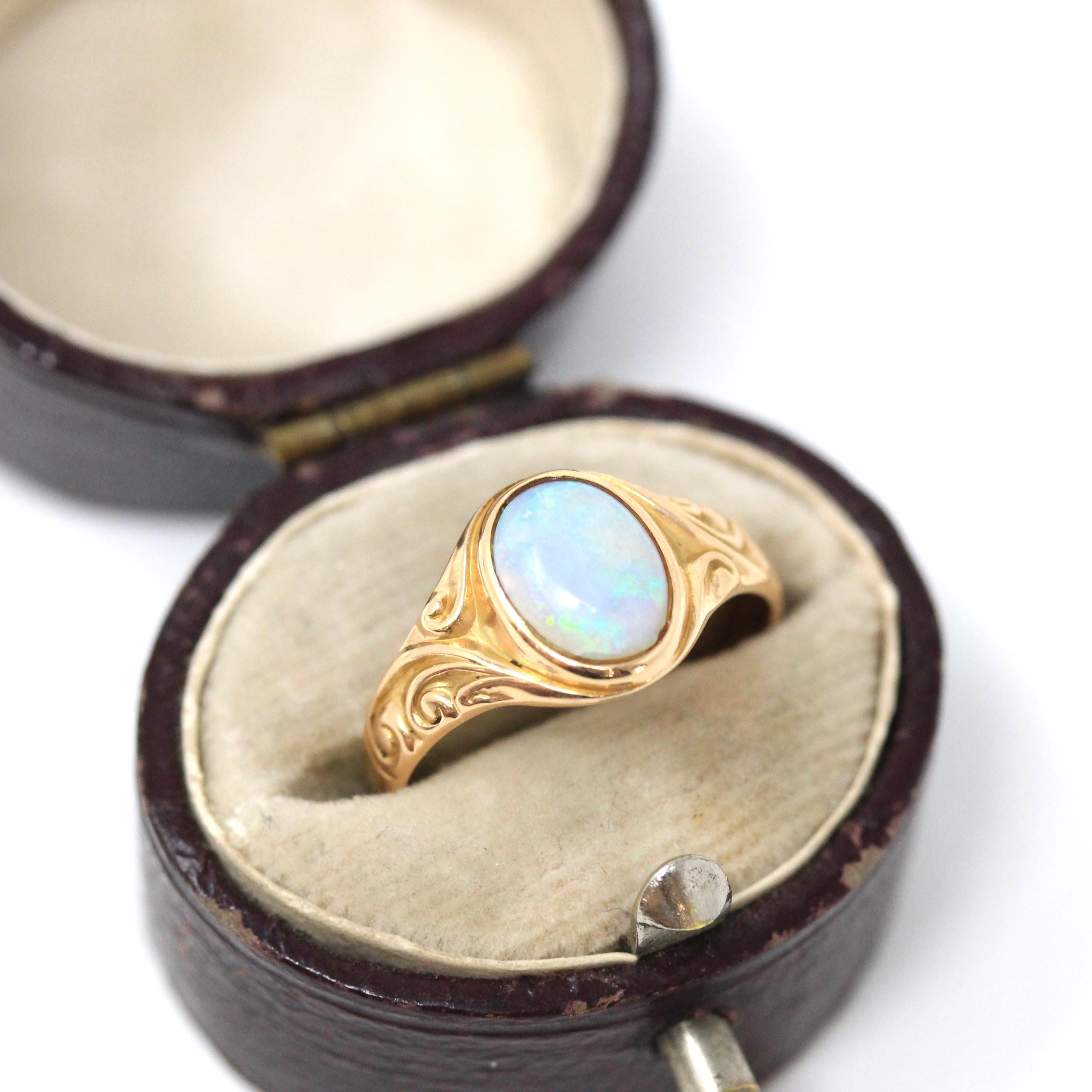 Edwardian Opal Ring - Antique 10k Yellow Gold Solitaire Natural Cabochon Gem - Circa 1900s Era Size 4 3/4 October Birthstone Fine Jewelry