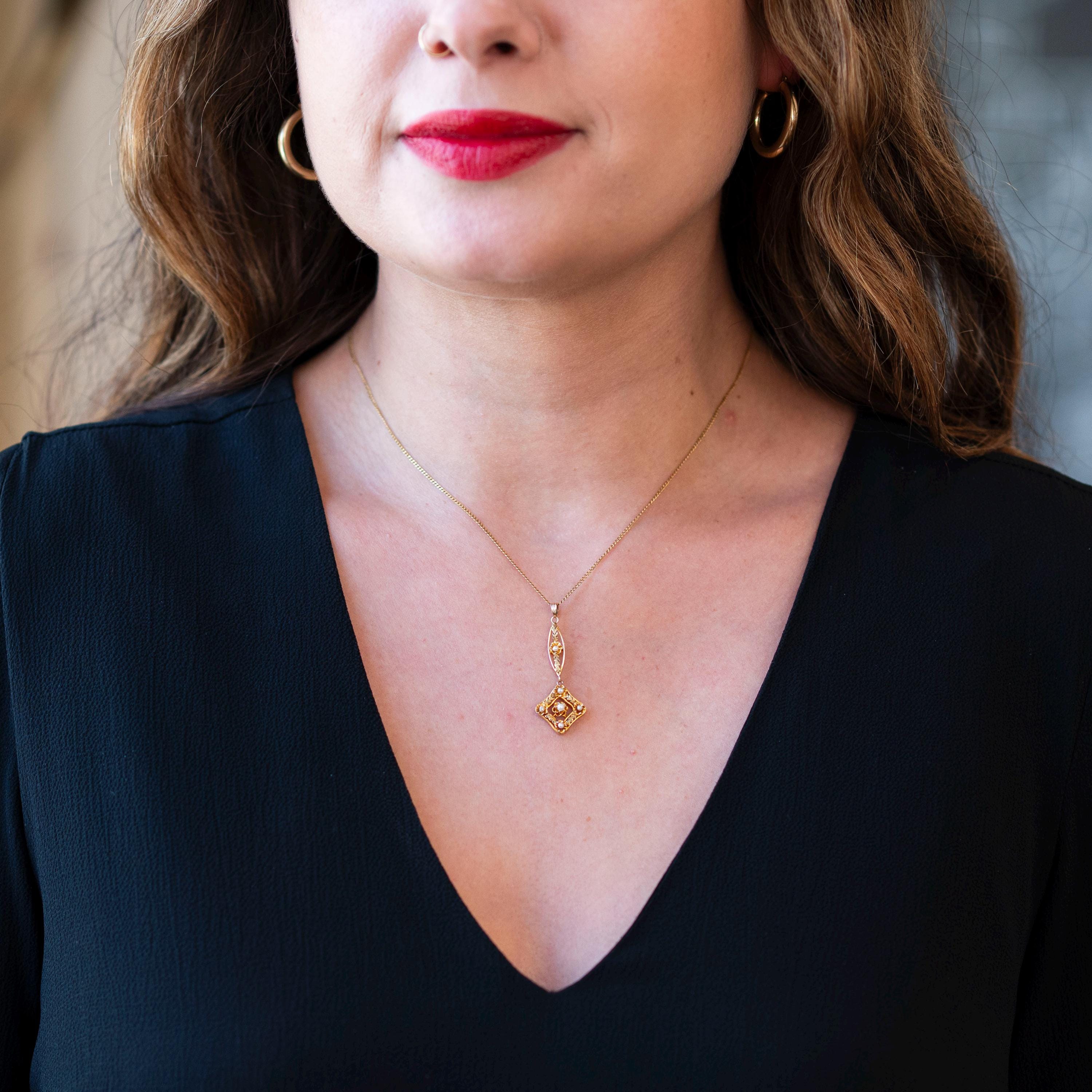 Antique Lavalier Necklace - Vintage 10k Yellow Gold Seed Pearl Dangle Charm Pendant - Edwardian 1910s Era Floral Flower Fine Dainty Jewelry