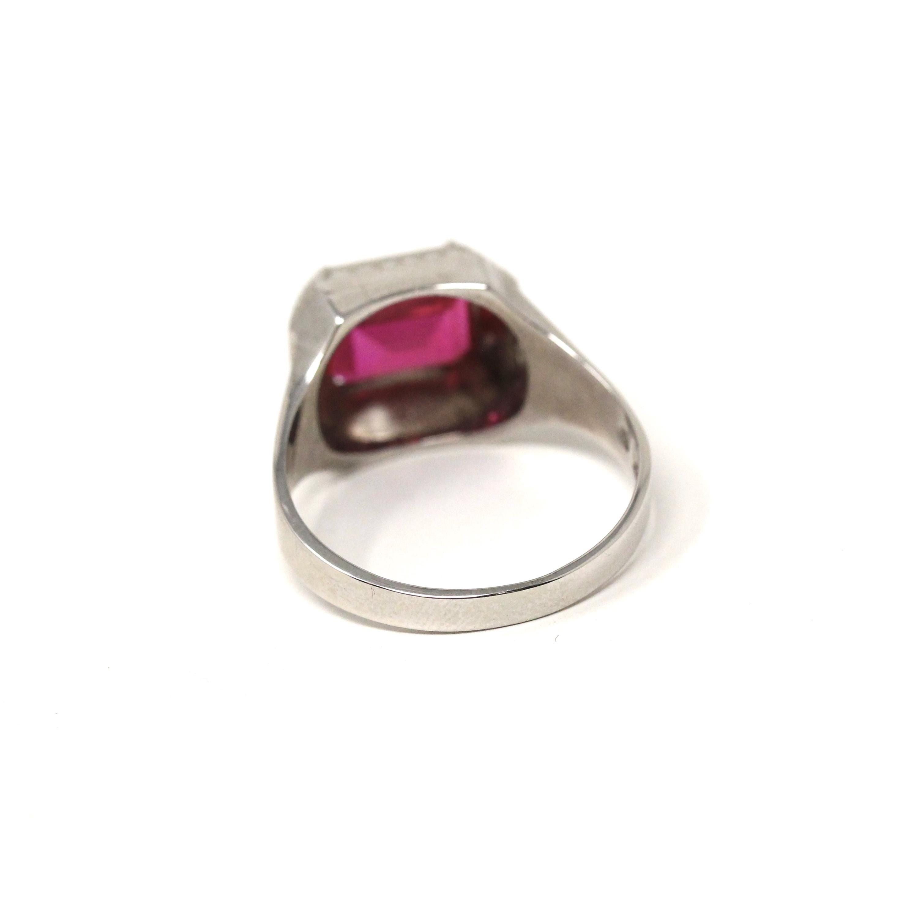 Art Deco Ring - 10k White Gold Emerald Cut Pink Red Created Ruby Gemstone - Vintage Circa 1930s Era Size 10 Unisex Fine Statement Jewelry