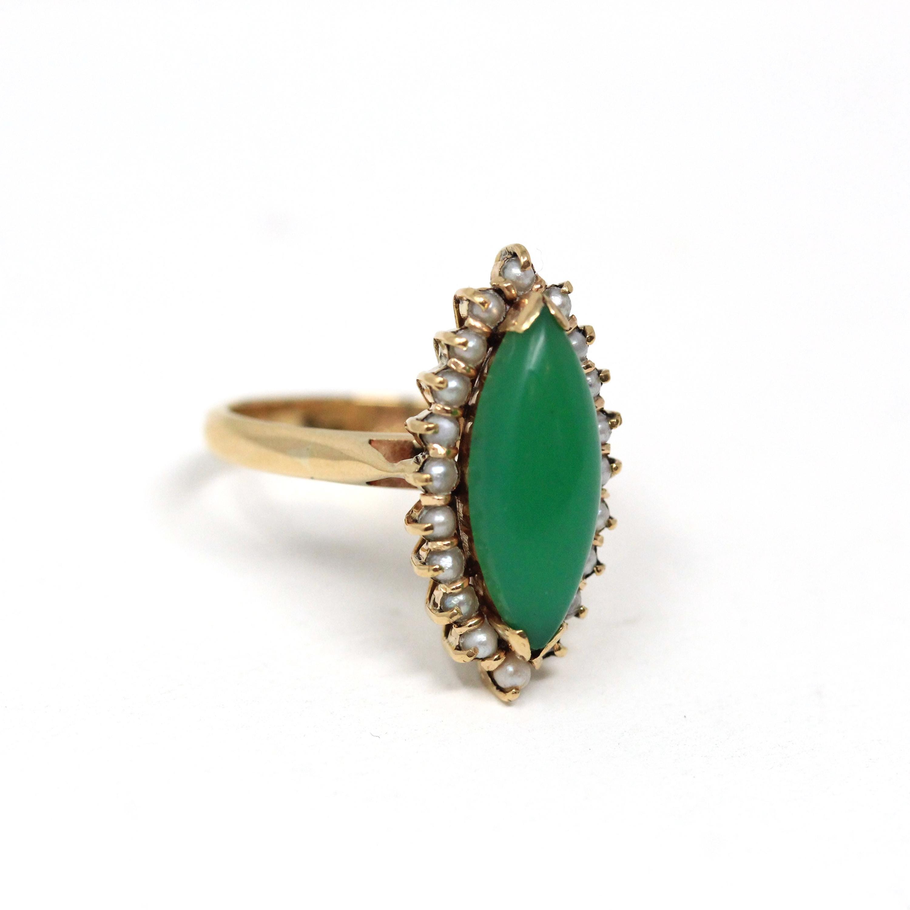 Chrysoprase Halo Ring - Vintage 14k Yellow Gold Natural Cabochon Green Navette Gem - Circa 1980s Retro Era Size 6 Pearl Accent Fine Jewelry