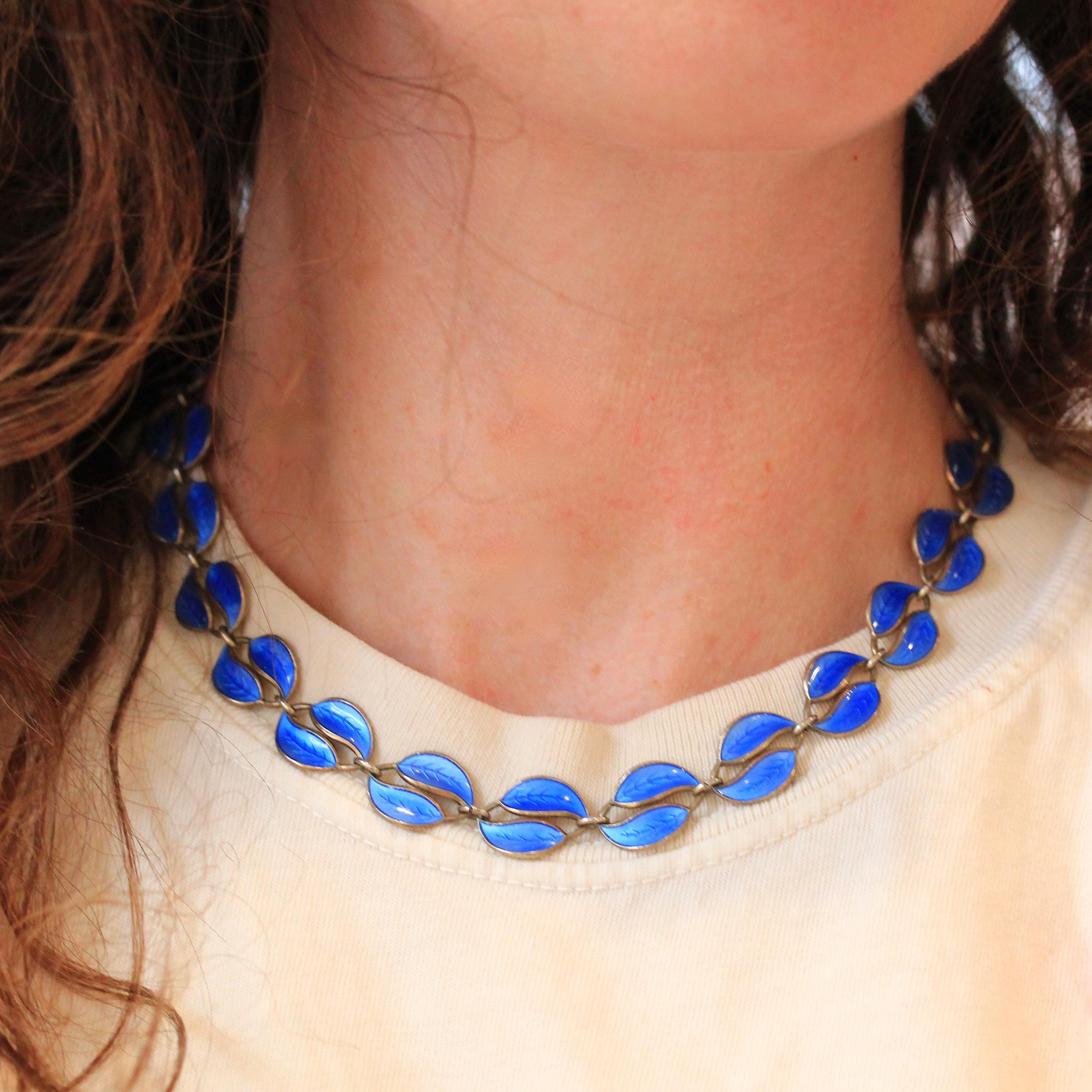 Vintage Enamel Jewelry Set - Mid Century Sterling Silver Blue Enamel Leaf Links Necklace Bracelet - Circa 1950s Era David Anderson Jewelry