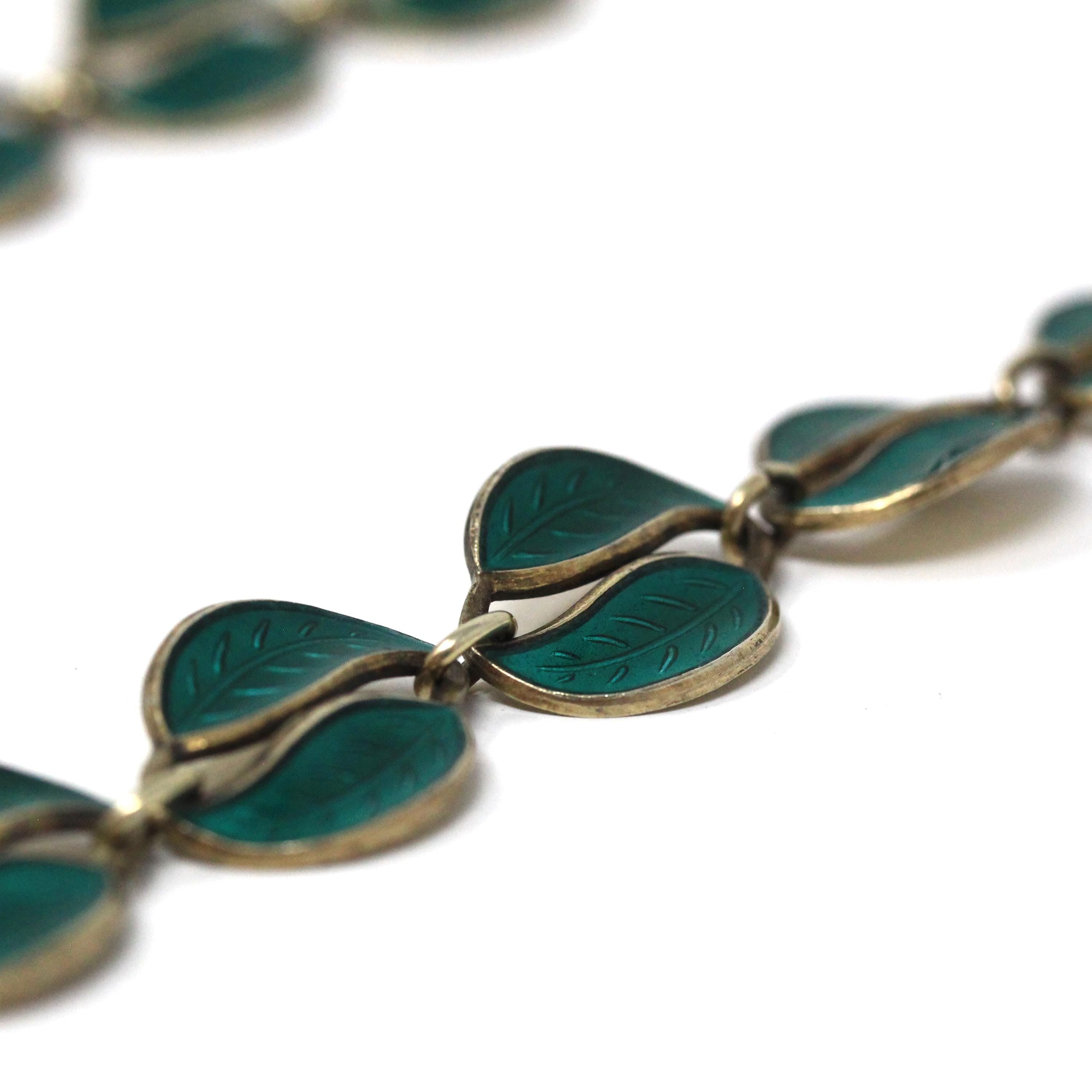 Vintage Enamel Jewelry Set - Mid Century Sterling Silver Green Enamel Leaf Links Necklace Bracelet - Circa 1950s Era David Anderson Jewelry