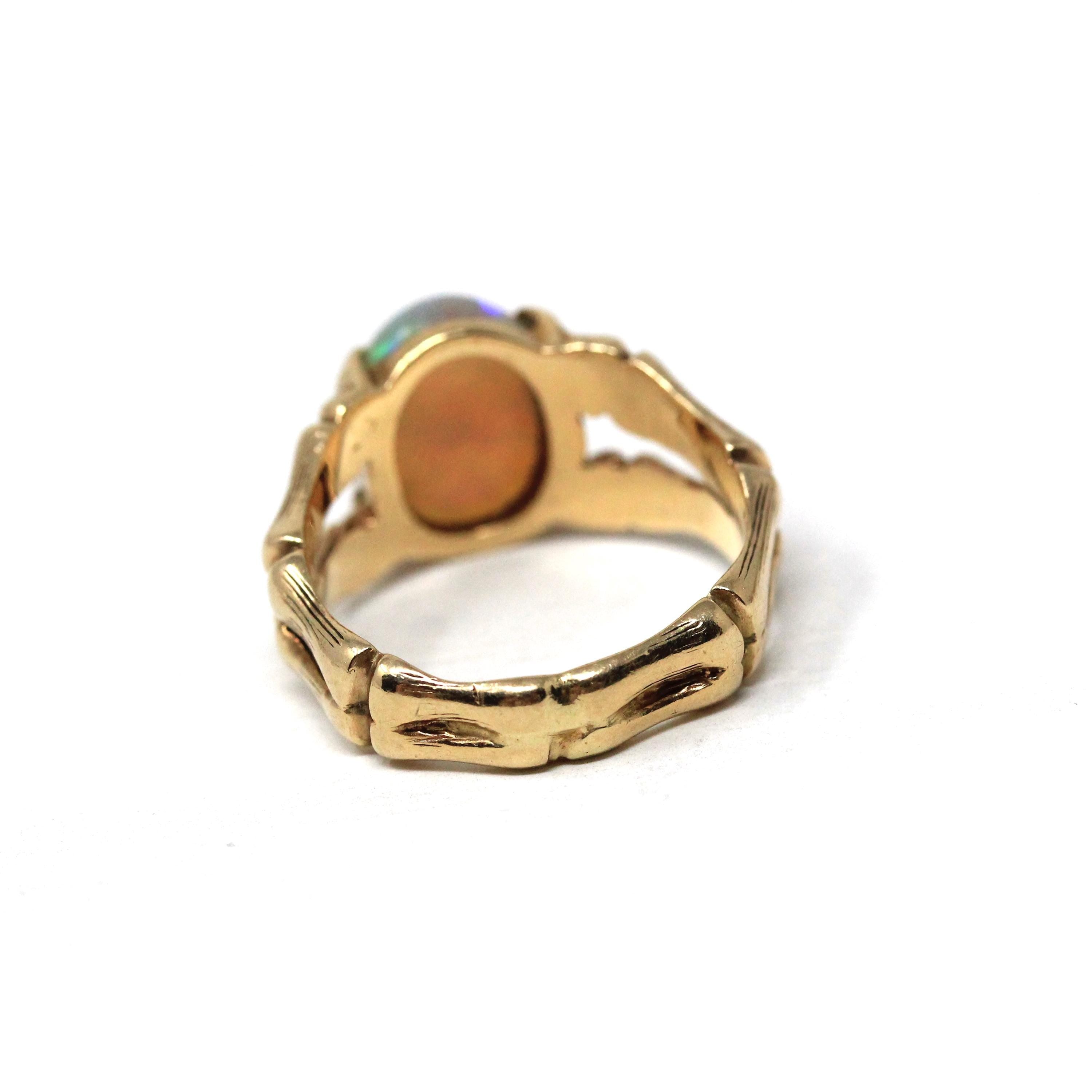 Vintage Opal Ring - Retro Era 10k Yellow Gold Natural Oval Gemstone Bamboo Branch Statement - Circa 1970s Size 6 1/4 Brutalist Fine Jewelry