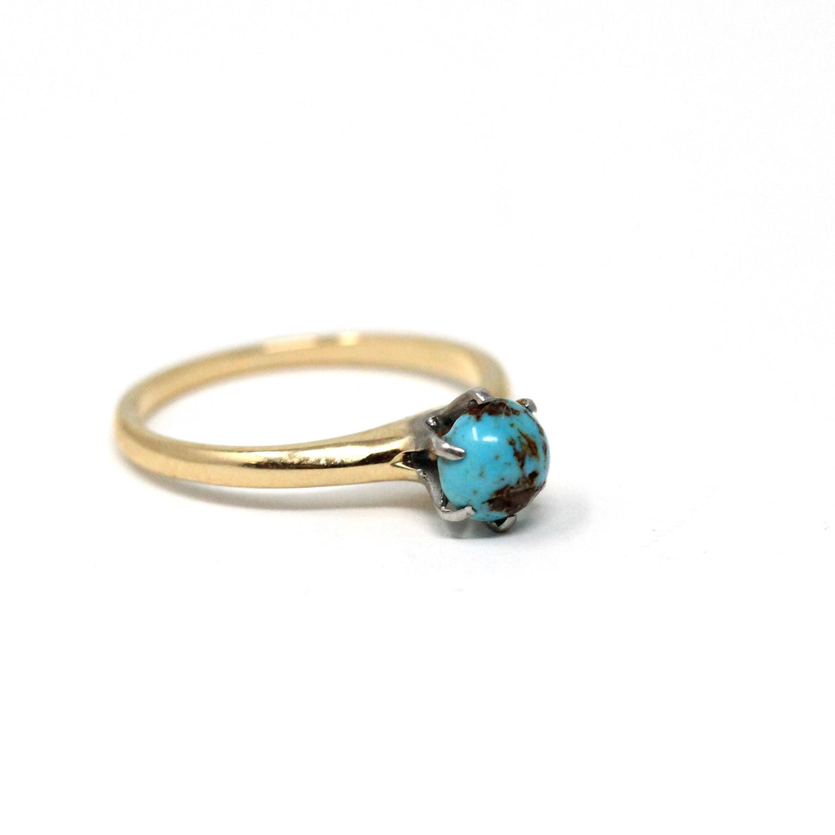 Vintage Turquoise Ring - Mid Century 14k Yellow Gold & Platinum Round Cabochon Cut Gem - Circa 1950s Era Size 4 1/4 Fine Statement Jewelry