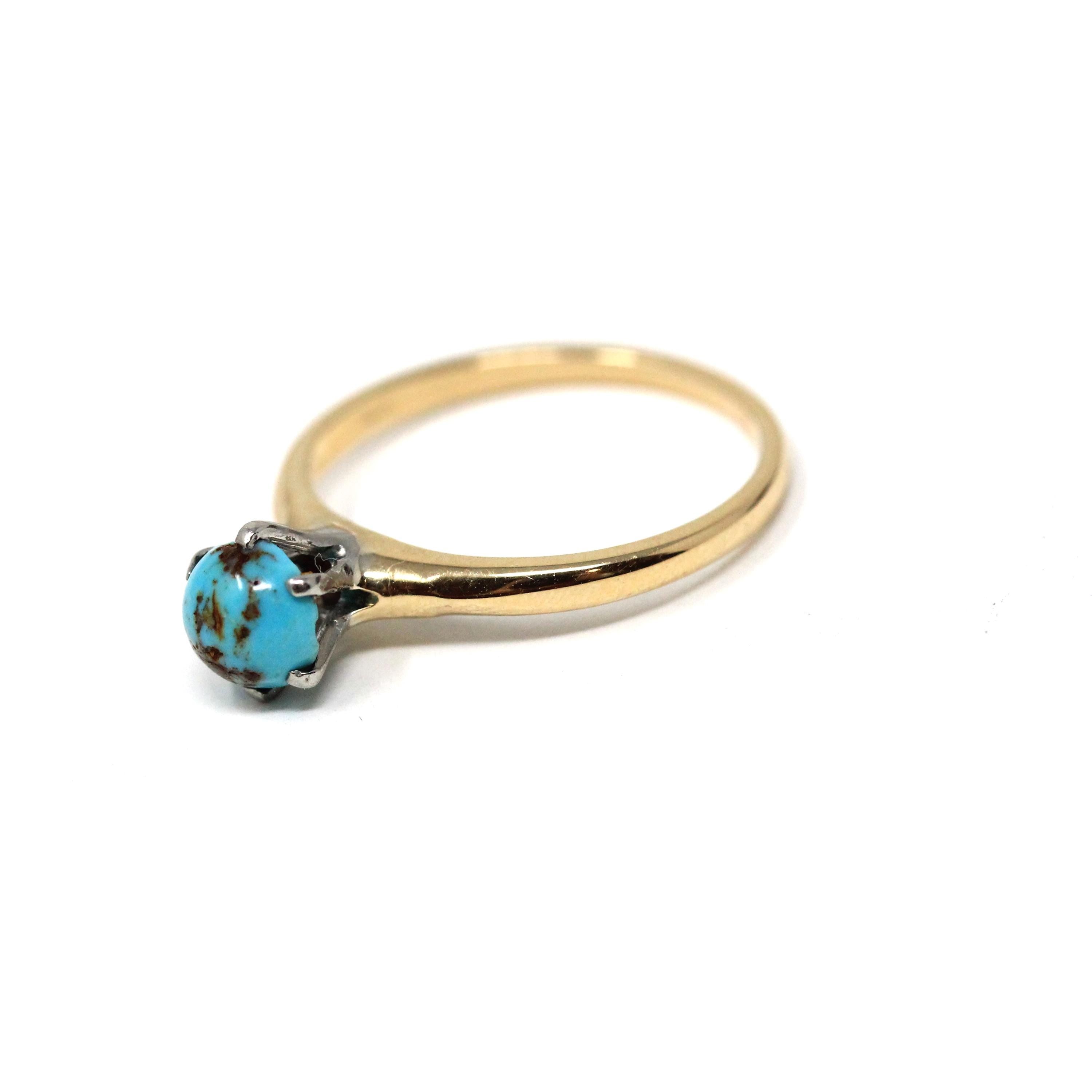 Vintage Turquoise Ring - Mid Century 14k Yellow Gold & Platinum Round Cabochon Cut Gem - Circa 1950s Era Size 4 1/4 Fine Statement Jewelry