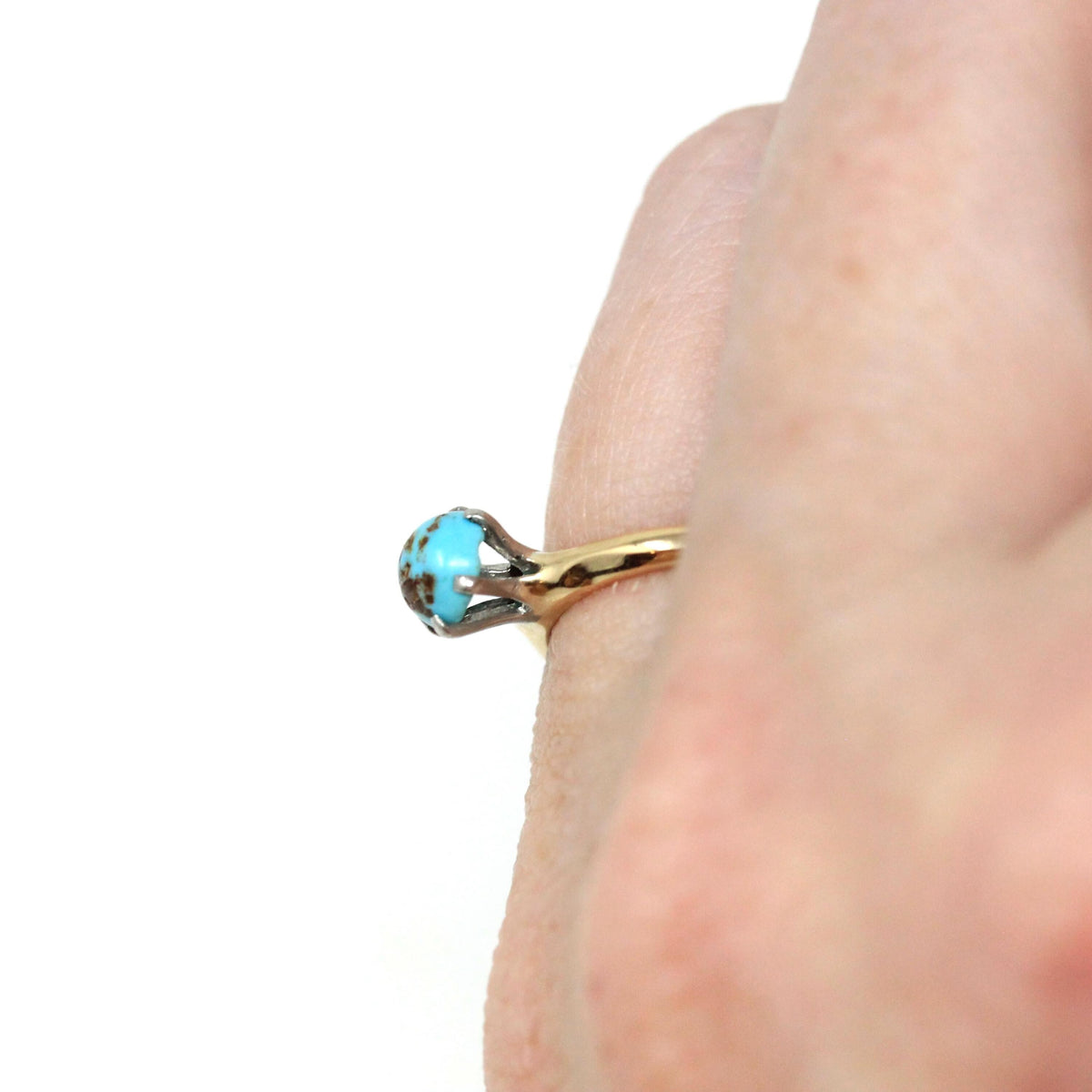 Vintage Turquoise Ring - Mid Century 14k Yellow Gold & Platinum Round Cabochon Cut Gem - Circa 1950s Era Size 4 1/4 Fine Statement Jewelry