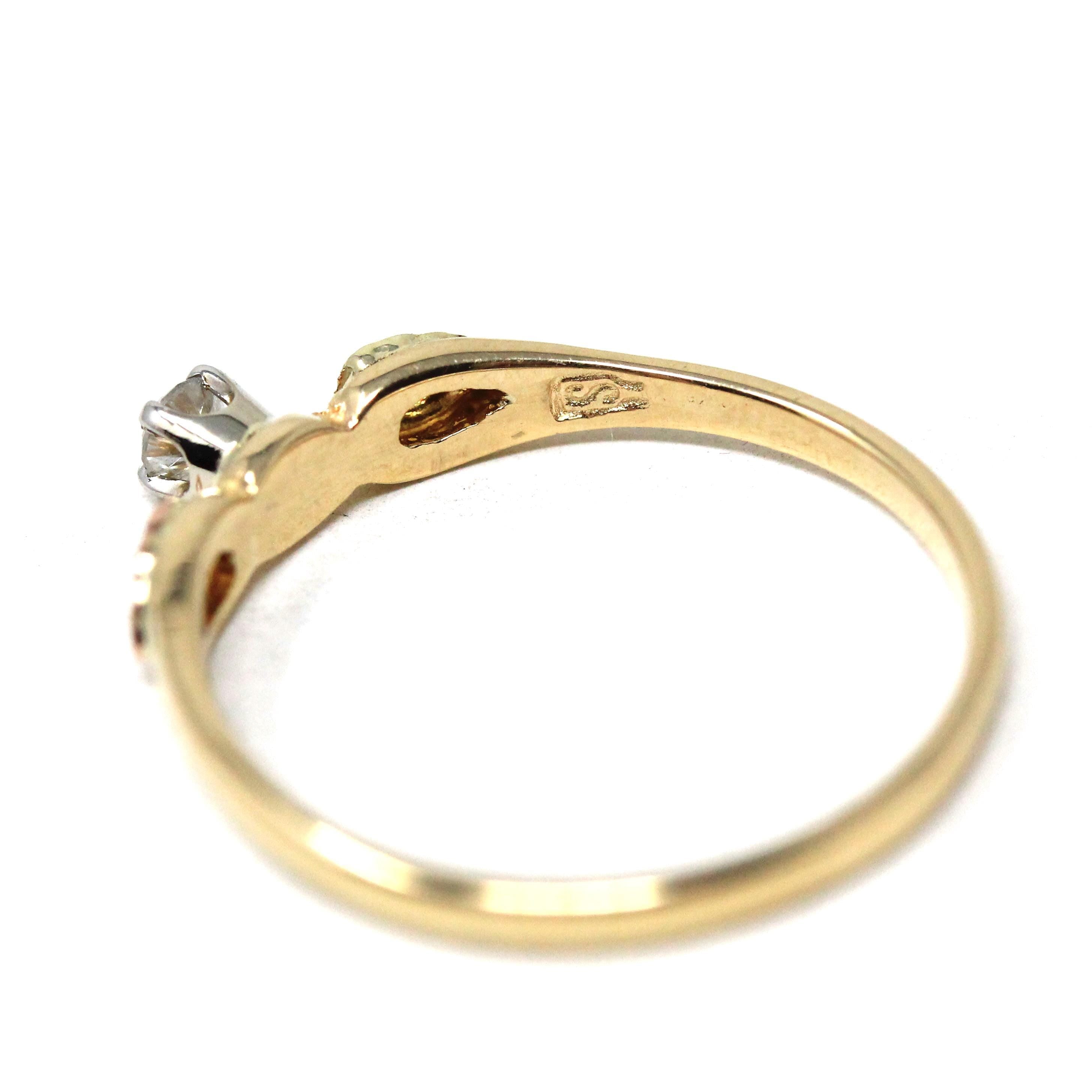 Vintage Diamond Ring - Mid Century 10k Tri Color Gold Natural Round Solitaire Gemstone Engagement - Circa 1960s Size 5 3/4 Leaf Fine Jewelry