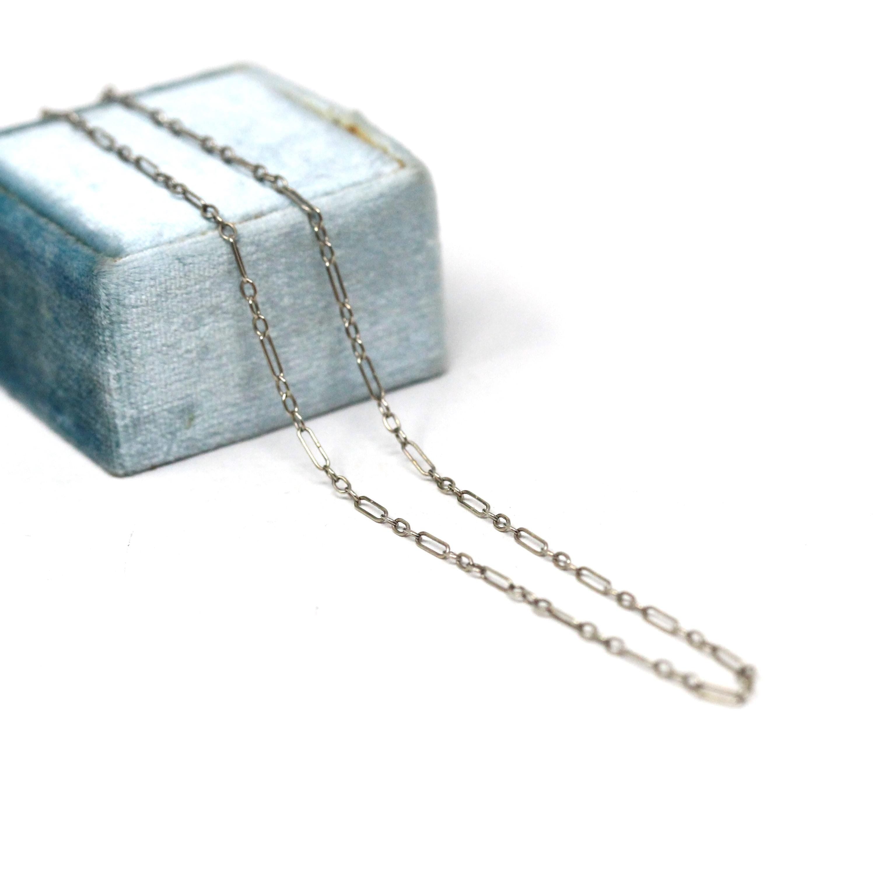 Vintage Chain Necklace - Art Deco 14k White Gold Decorative Paper Clip Link - Circa 1920s Era Spring Ring Clasp Dainty Accessory Jewelry