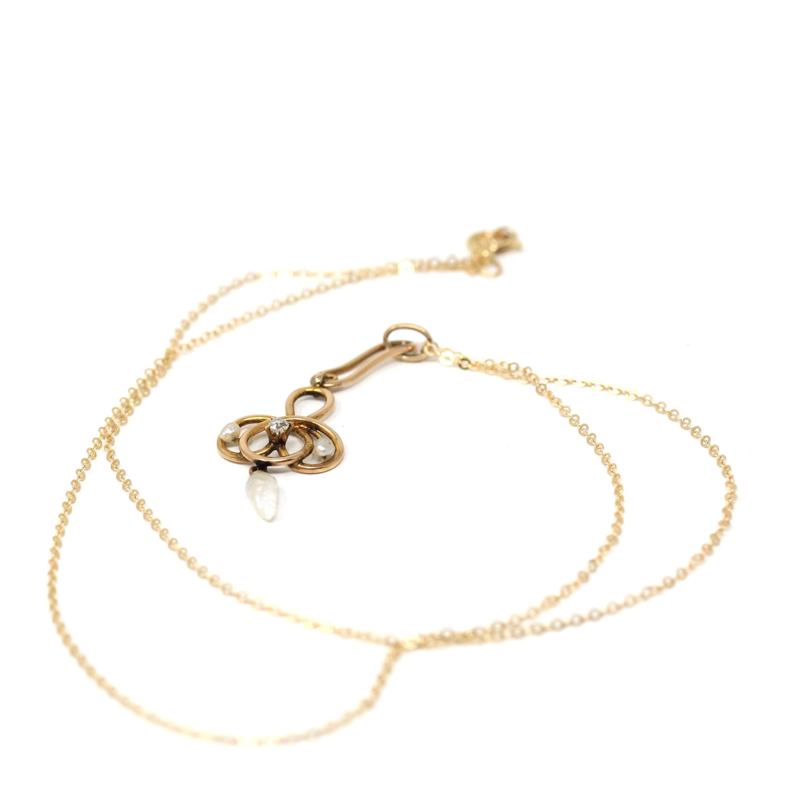 Edwardian Lavalier Necklace - Antique 10k Yellow Gold Natural Diamond Baroque Seed Pearl Gemstone Charm Pendant - Circa 1900s Fine Jewelry