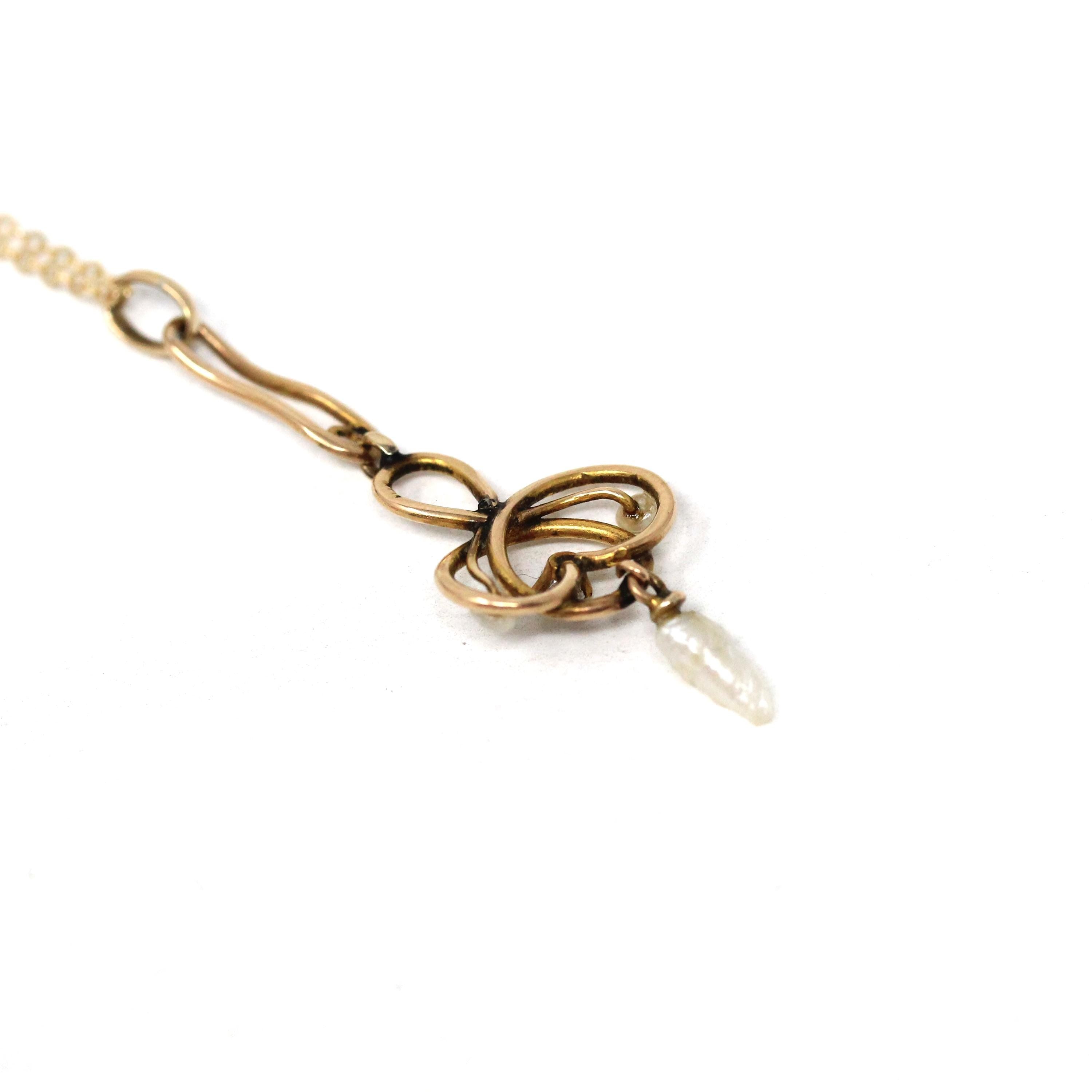 Edwardian Lavalier Necklace - Antique 10k Yellow Gold Natural Diamond Baroque Seed Pearl Gemstone Charm Pendant - Circa 1900s Fine Jewelry