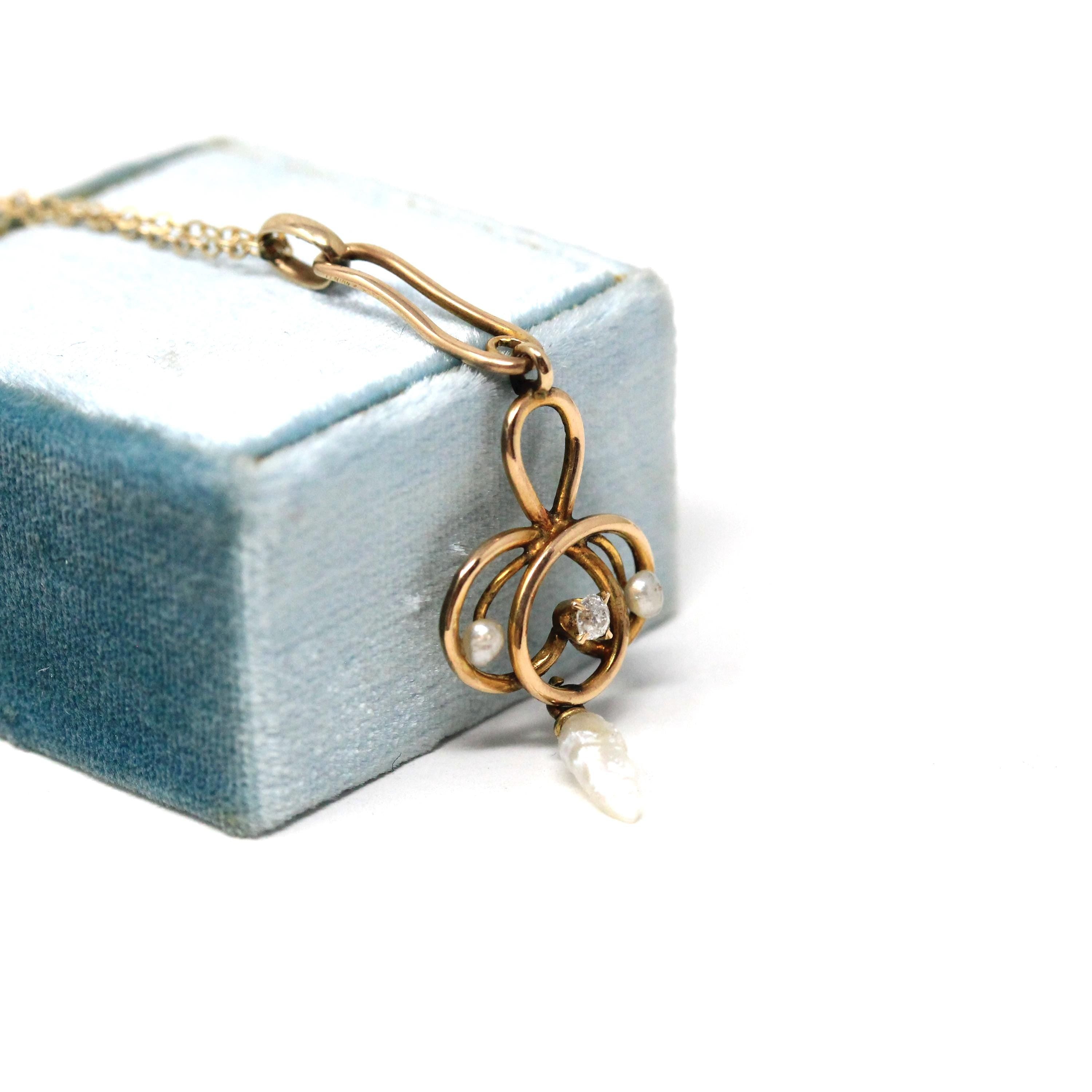 Edwardian Lavalier Necklace - Antique 10k Yellow Gold Natural Diamond Baroque Seed Pearl Gemstone Charm Pendant - Circa 1900s Fine Jewelry