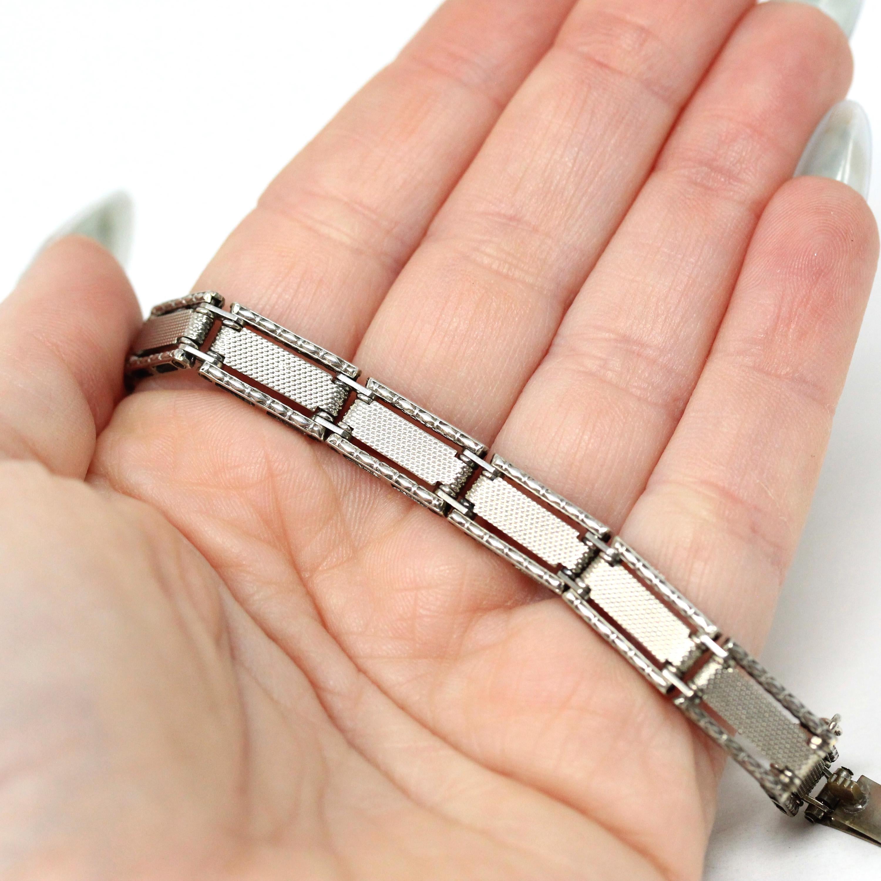 Vintage Panel Bracelet - Retro Sterling Silver Rectangular Textured Links - Circa 1960s Era Statement Fashion Accessory Marked Wells Jewelry