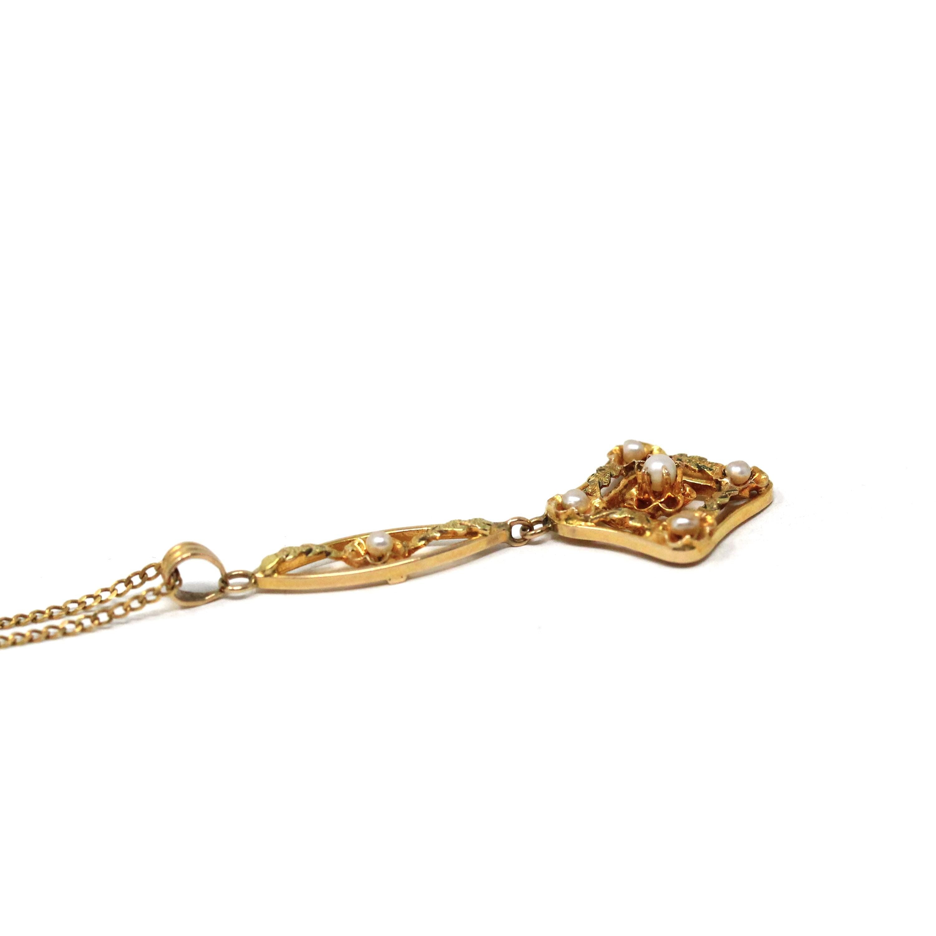 Antique Lavalier Necklace - Vintage 10k Yellow Gold Seed Pearl Dangle Charm Pendant - Edwardian 1910s Era Floral Flower Fine Dainty Jewelry