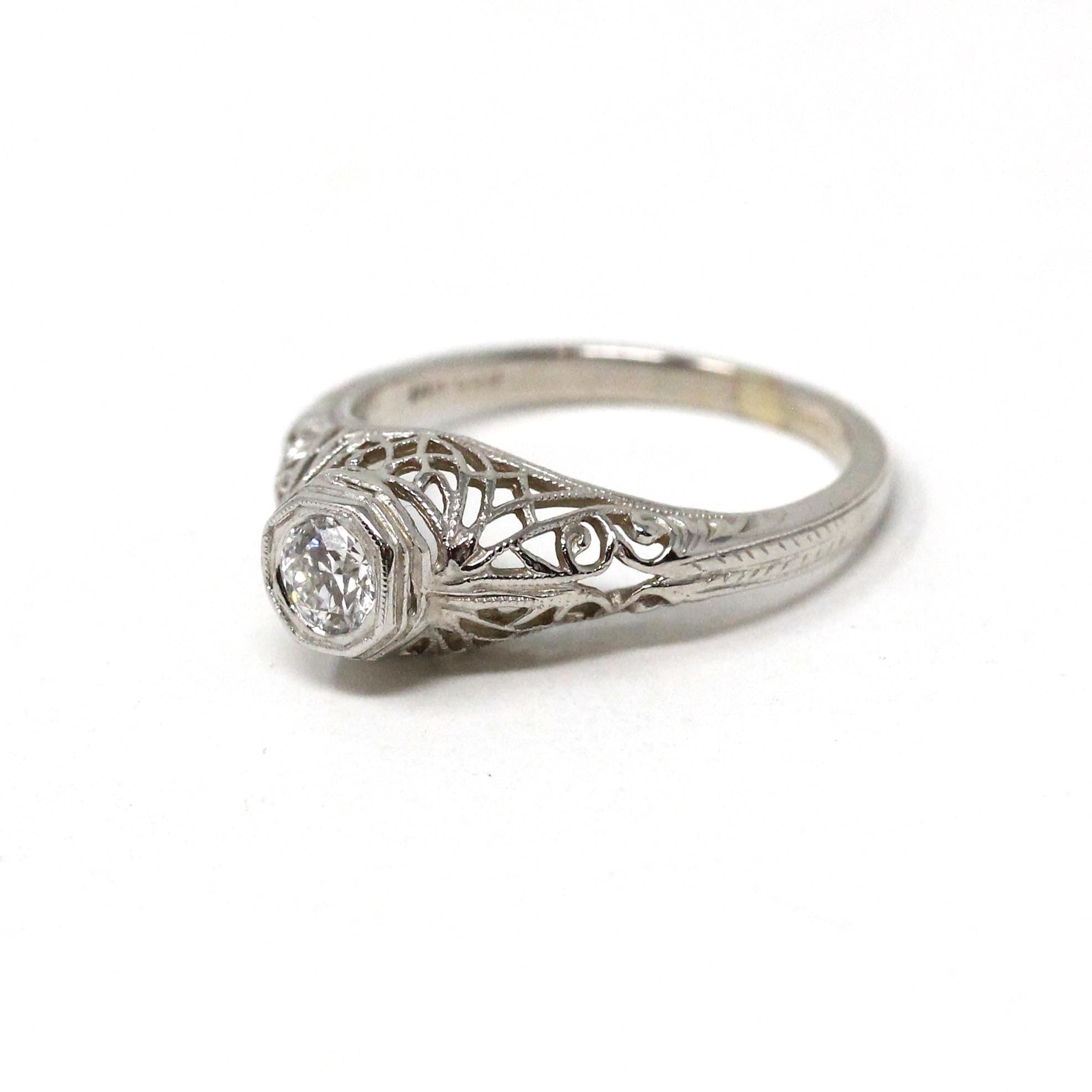 Diamond Filigree Ring - Art Deco Style 14k White Gold Natural .30 CT Engagement - Modern Era Size 7 Vintage Reproduction Fine Bridal Jewelry